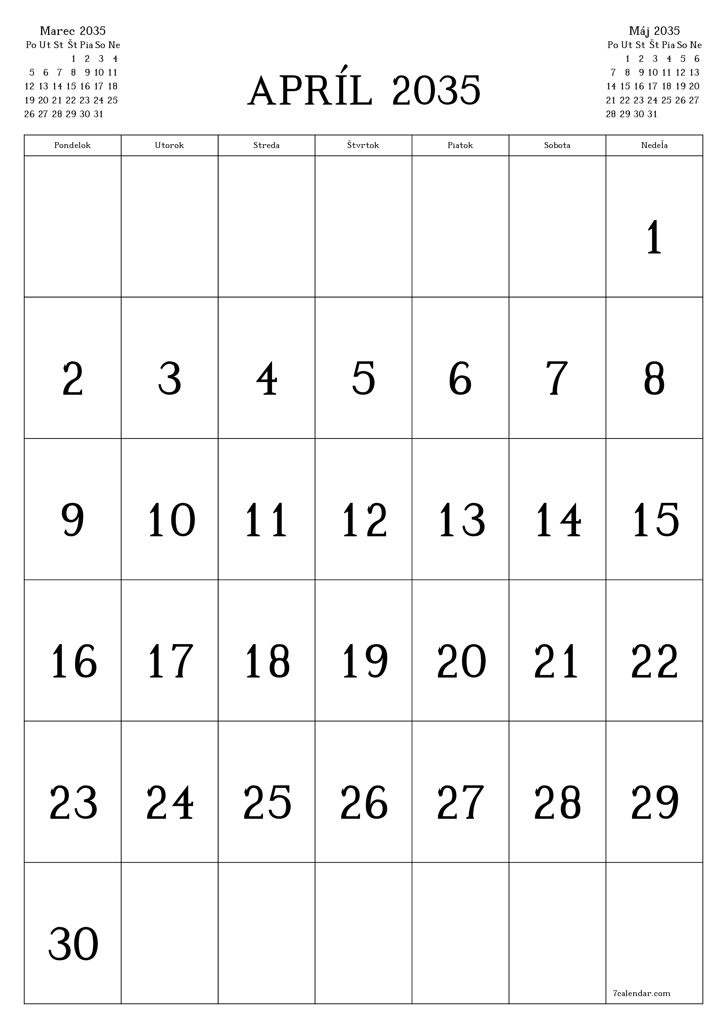 vytlačiteľný nástenný šablóna a bezplatný вертикальный Mesačne kalendár Apríl (Apr) 2035