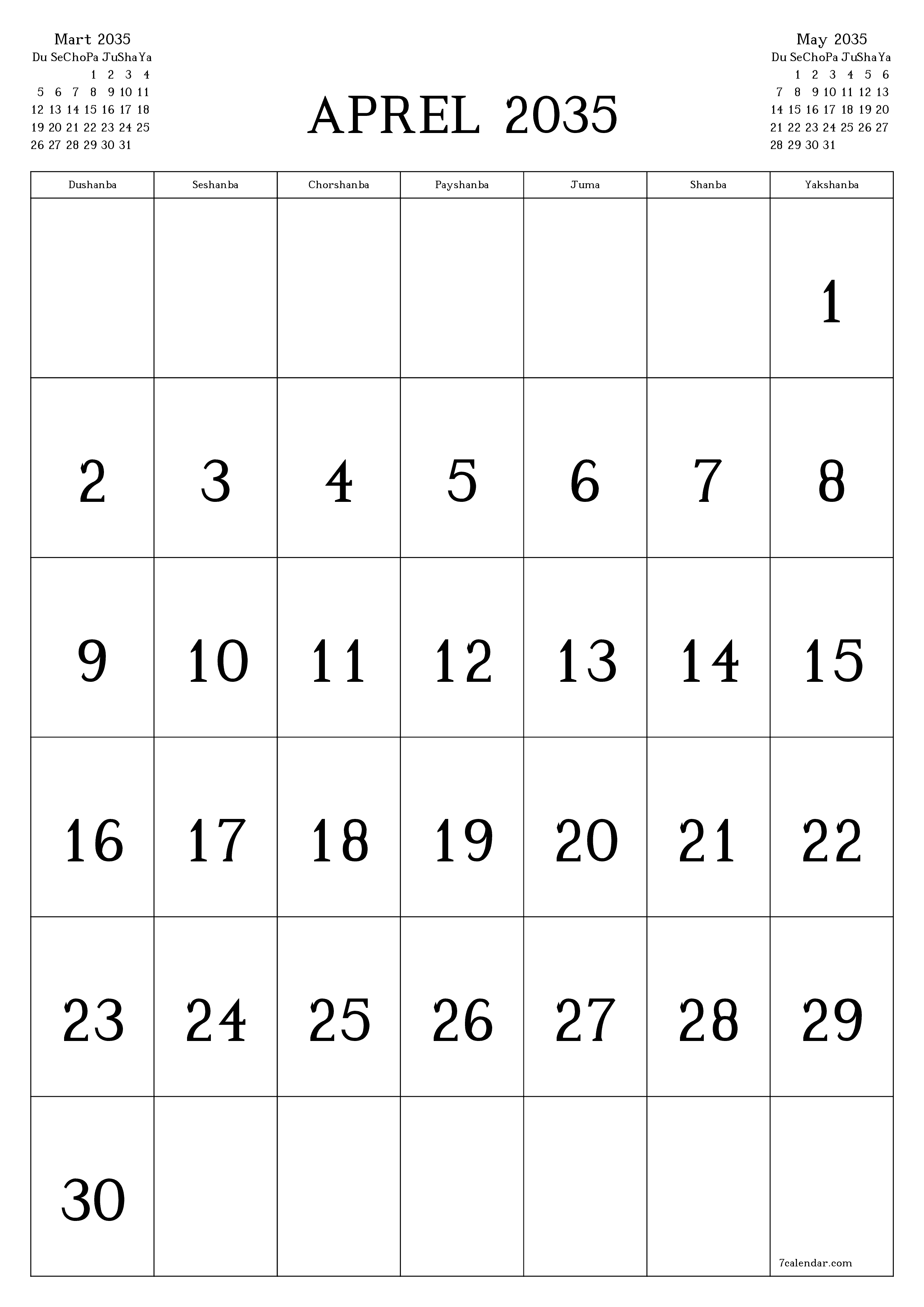 chop etiladigan devor taqvimi shabloni bepul vertikal Oylik kalendar Aprel (Apr) 2035