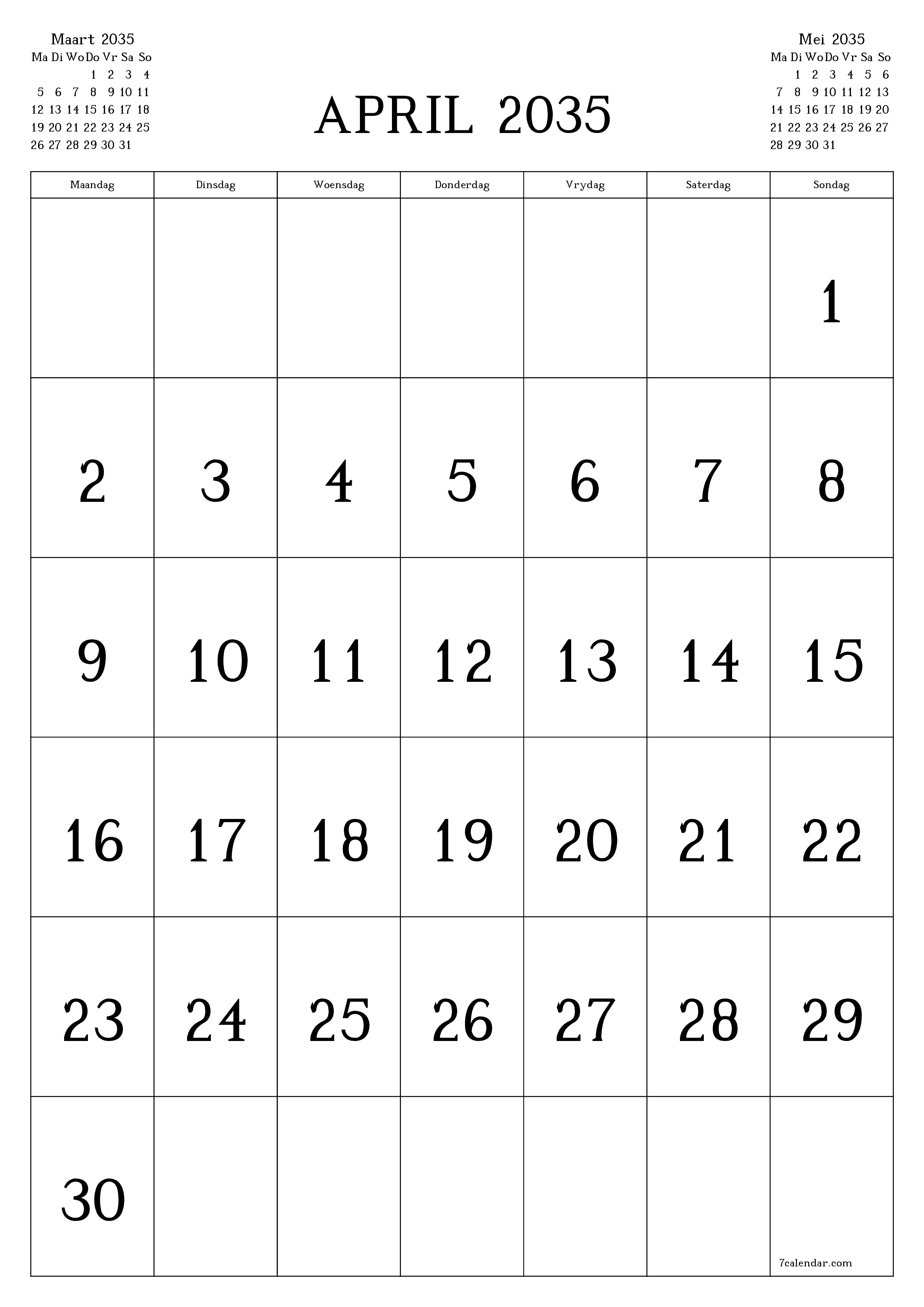 drukbare muur template gratis vertikaal Maandeliks kalender April (Apr) 2035