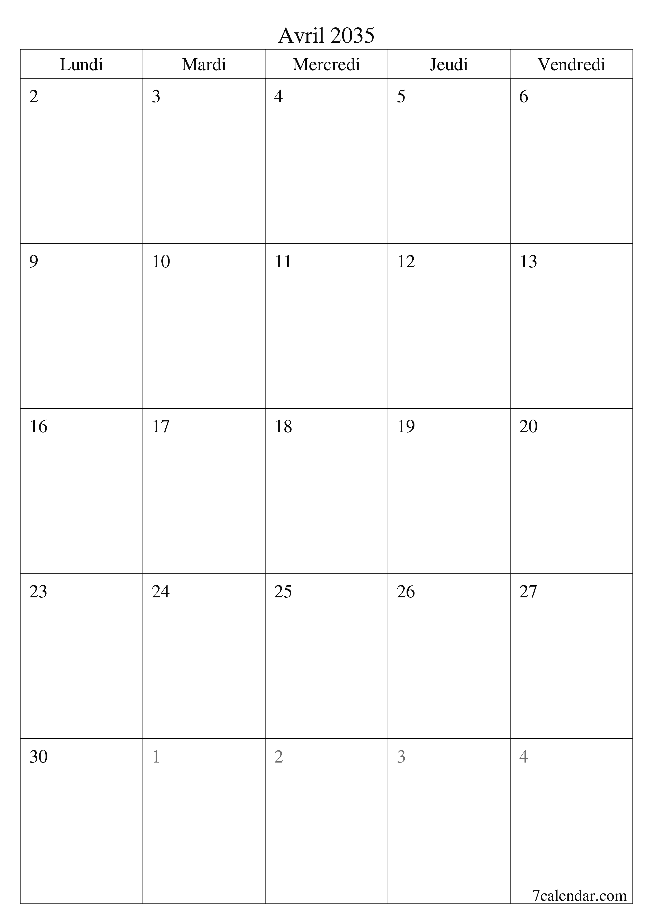  imprimable mural modèle de gratuitverticale Mensuel planificateur calendrier Avril (Avr) 2035