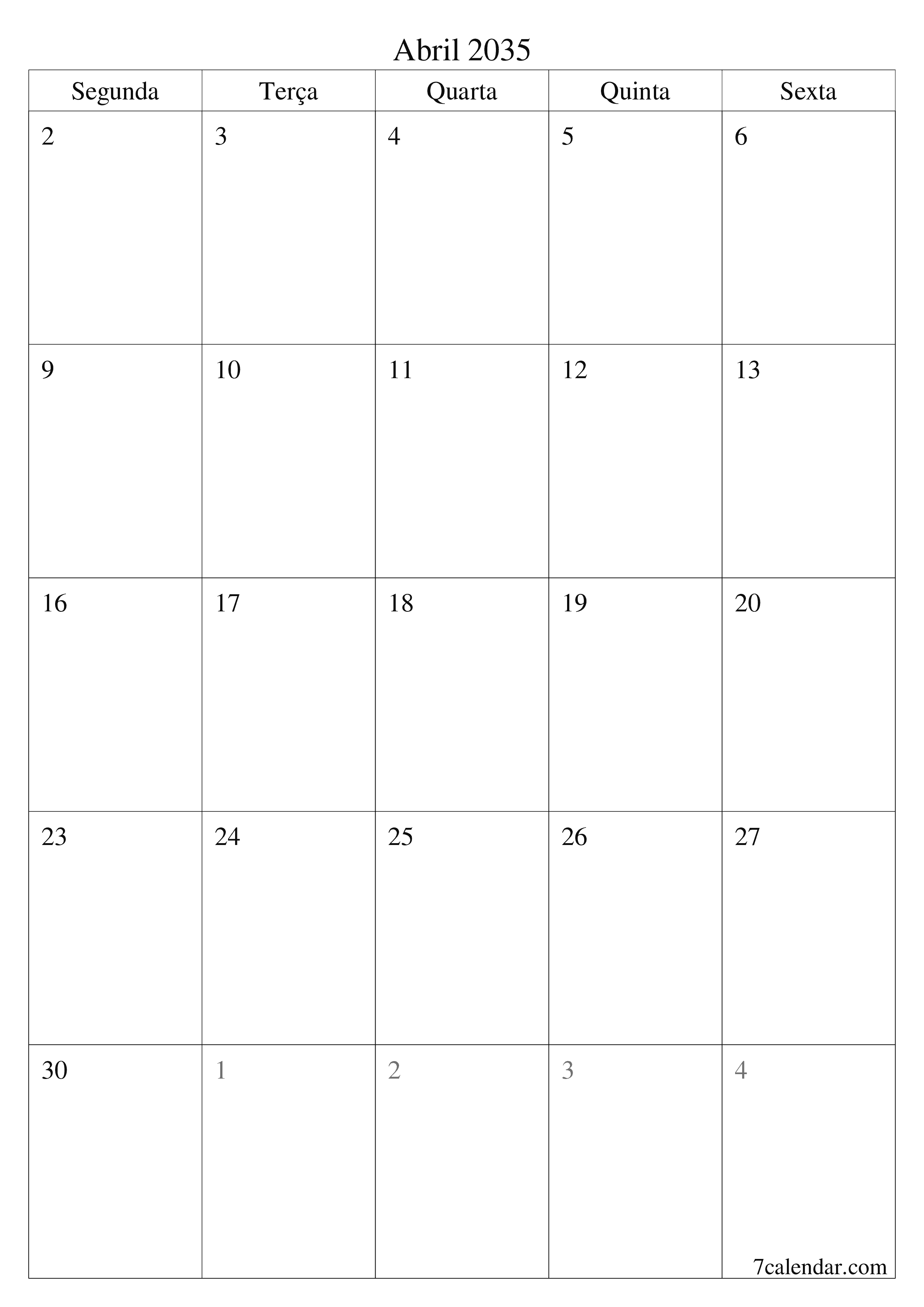  para impressão de parede modelo de grátisvertical Mensal planejador calendário Abril (Abr) 2035