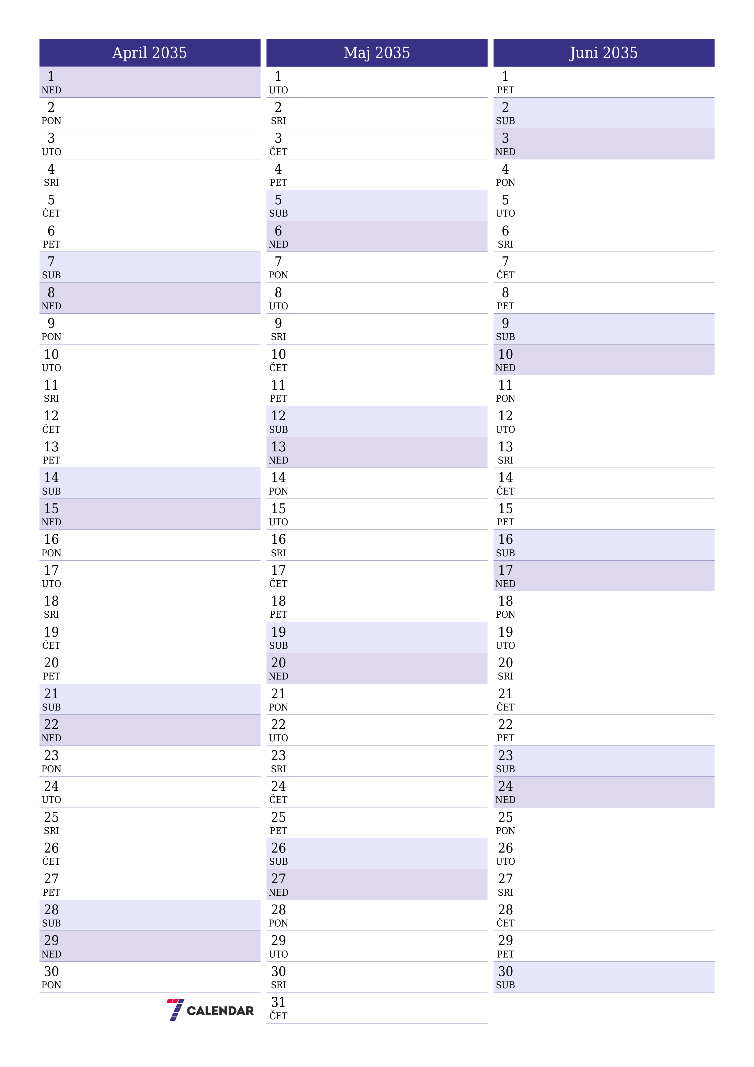  za štampanje zidni šablon a besplatni vertikalno Mjesečno planer kalendar April (Apr) 2035