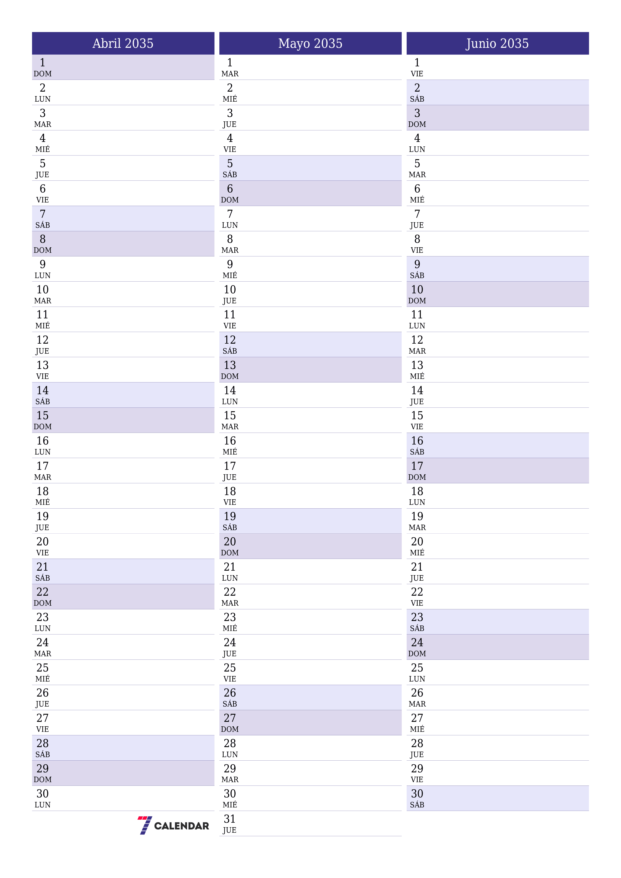  imprimible de pared plantilla de gratisvertical Mensual planificador calendario Abril (Abr) 2035