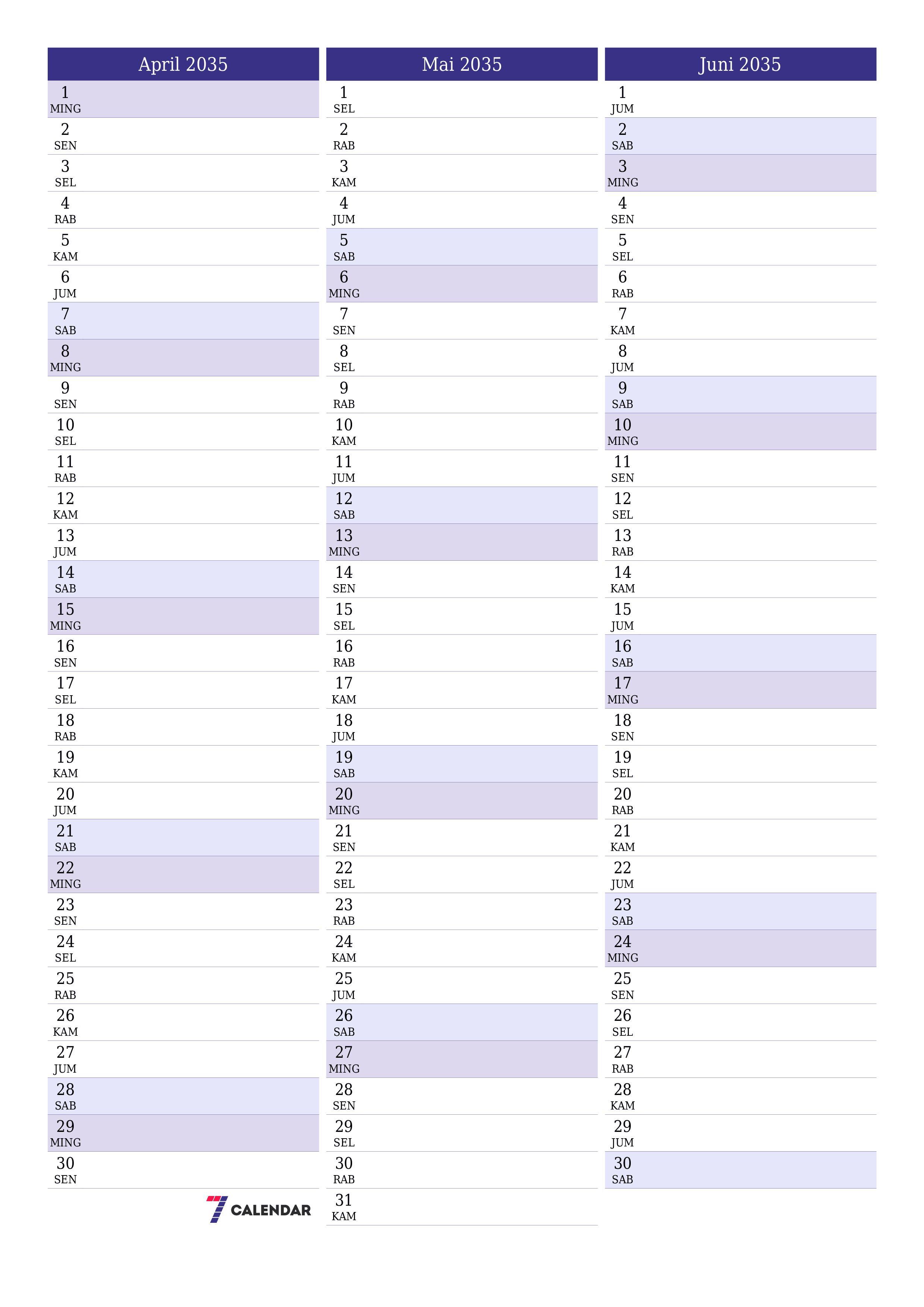  yang dapat dicetak dinding templat gratisvertikal Bulanan perencana kalender April (Apr) 2035