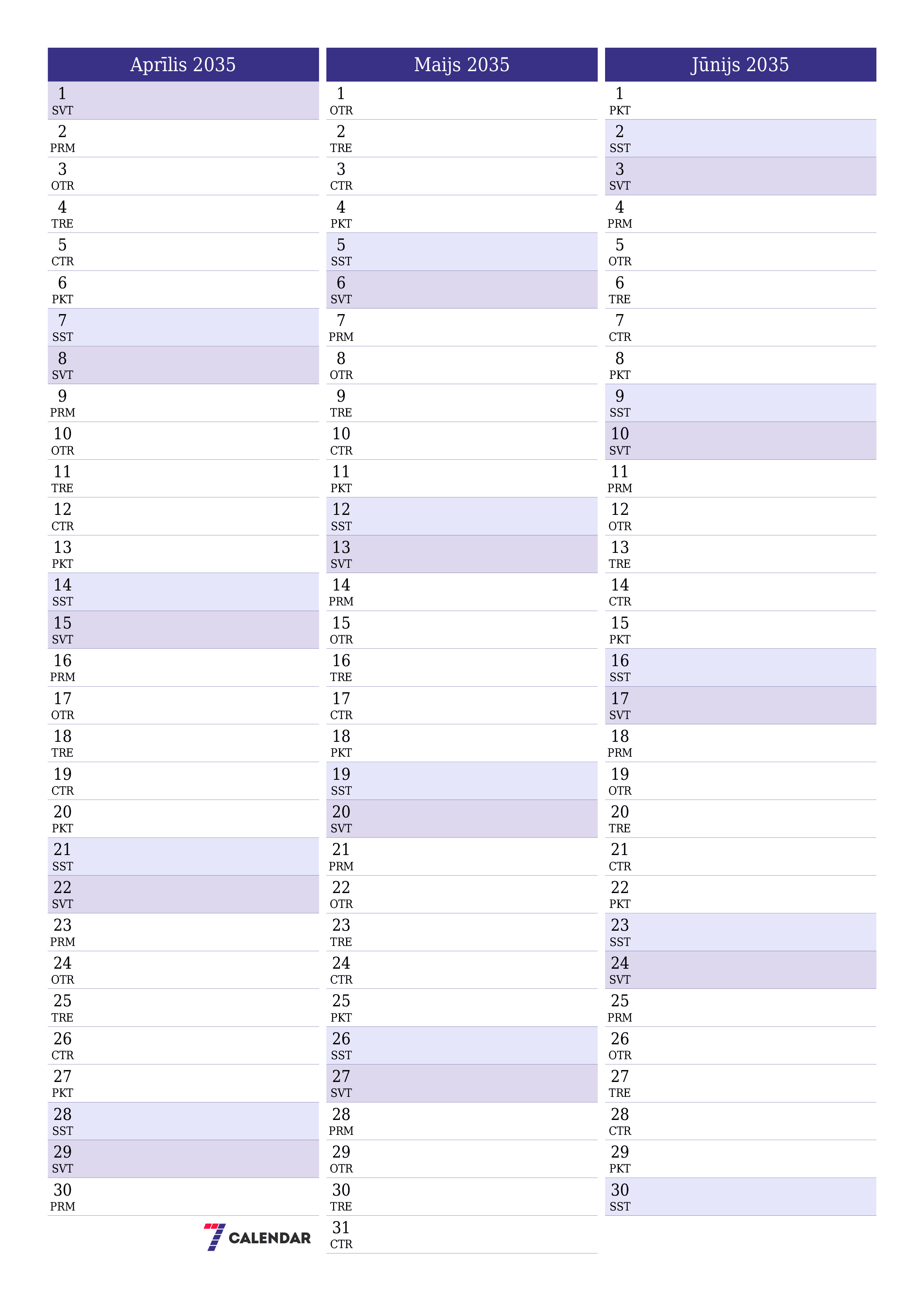 izdrukājams sienas kalendāra veidne bezmaksas vertikāli Mēneša plānotājs kalendārs Aprīlis (Apr) 2035