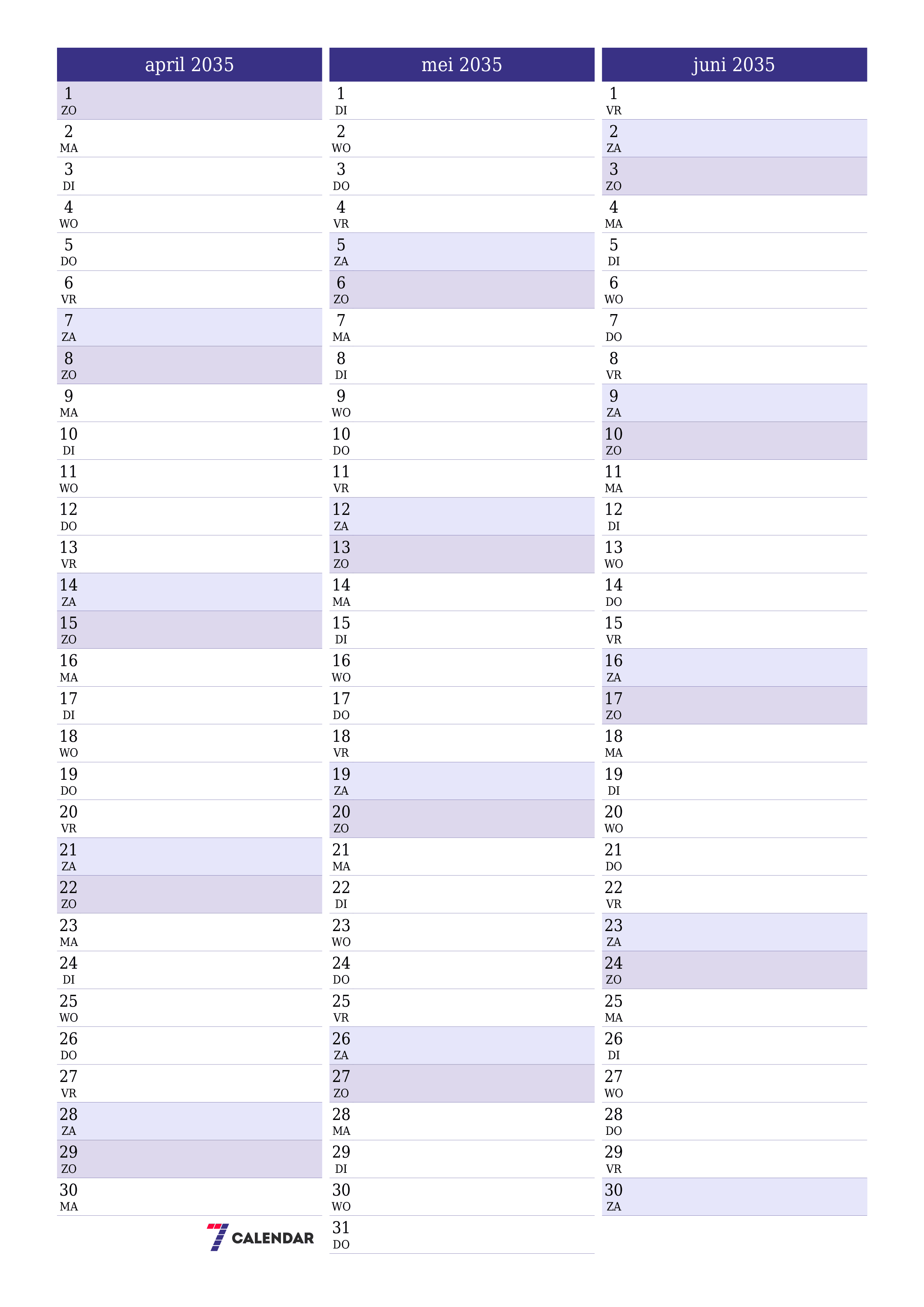 afdrukbare muur sjabloon gratis verticaal Maandelijks planner kalender april (apr) 2035