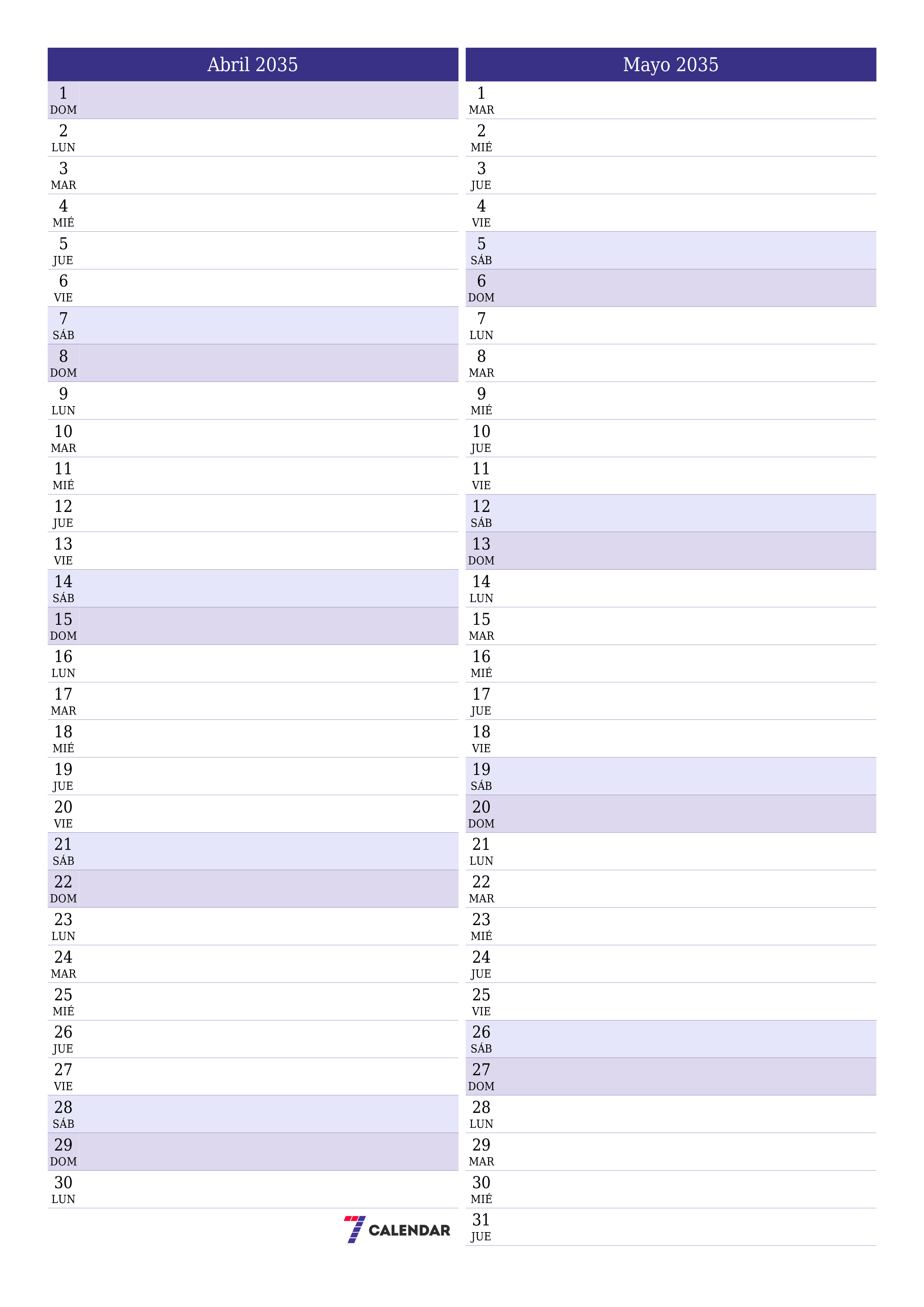  imprimible de pared plantilla de gratisvertical Mensual planificador calendario Abril (Abr) 2035