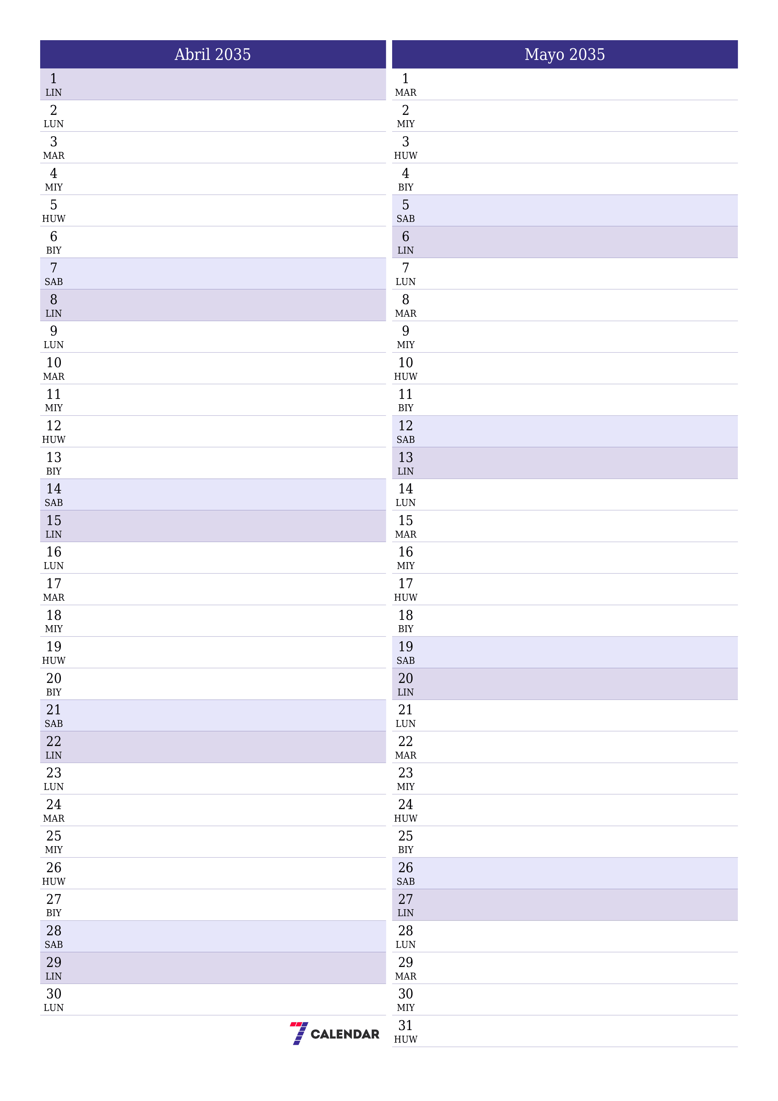 napi-print na sa dingding template ng libreng patayo Buwanang tagaplano kalendaryo Abril (Abr) 2035