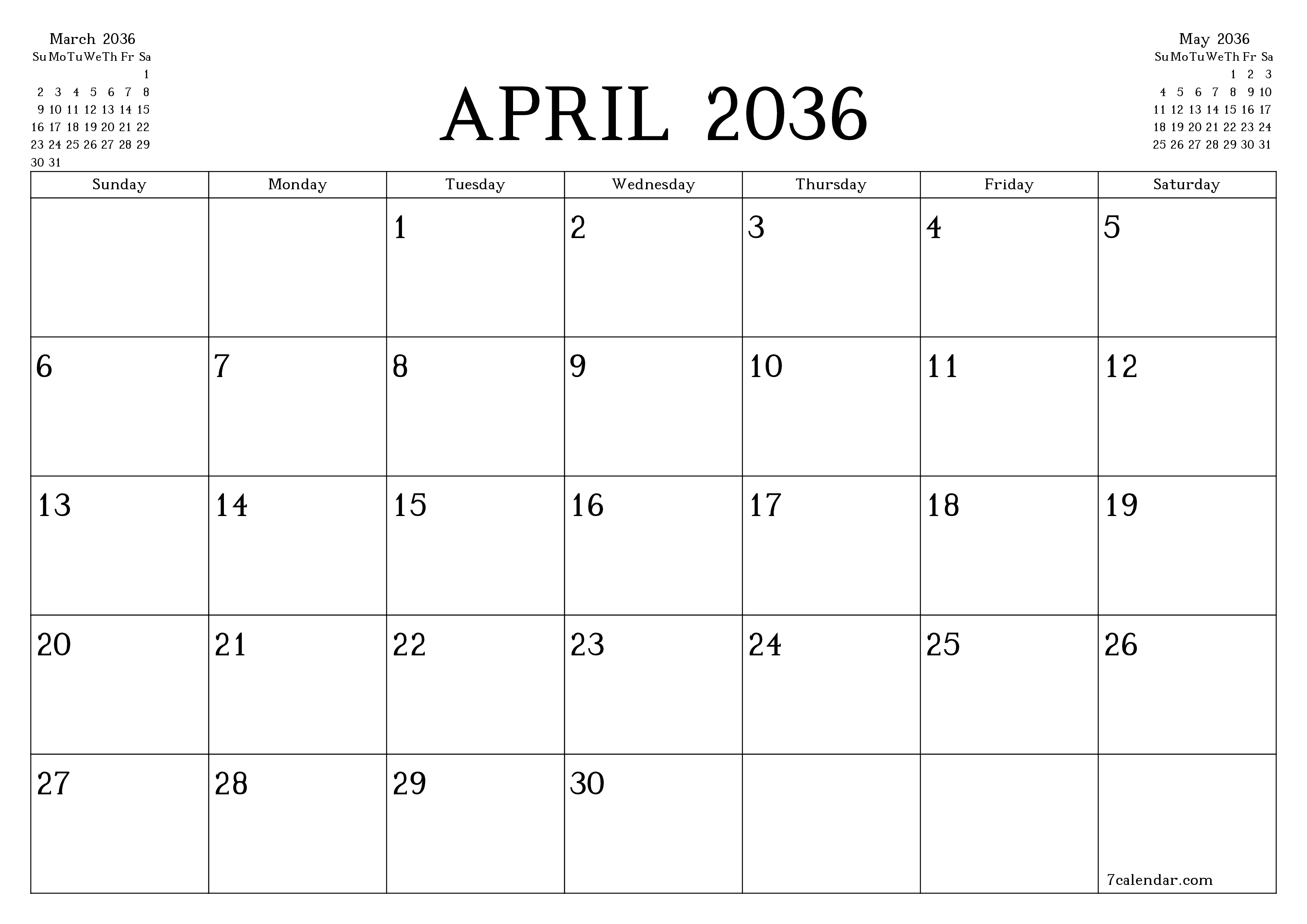 Blank calendar April 2036