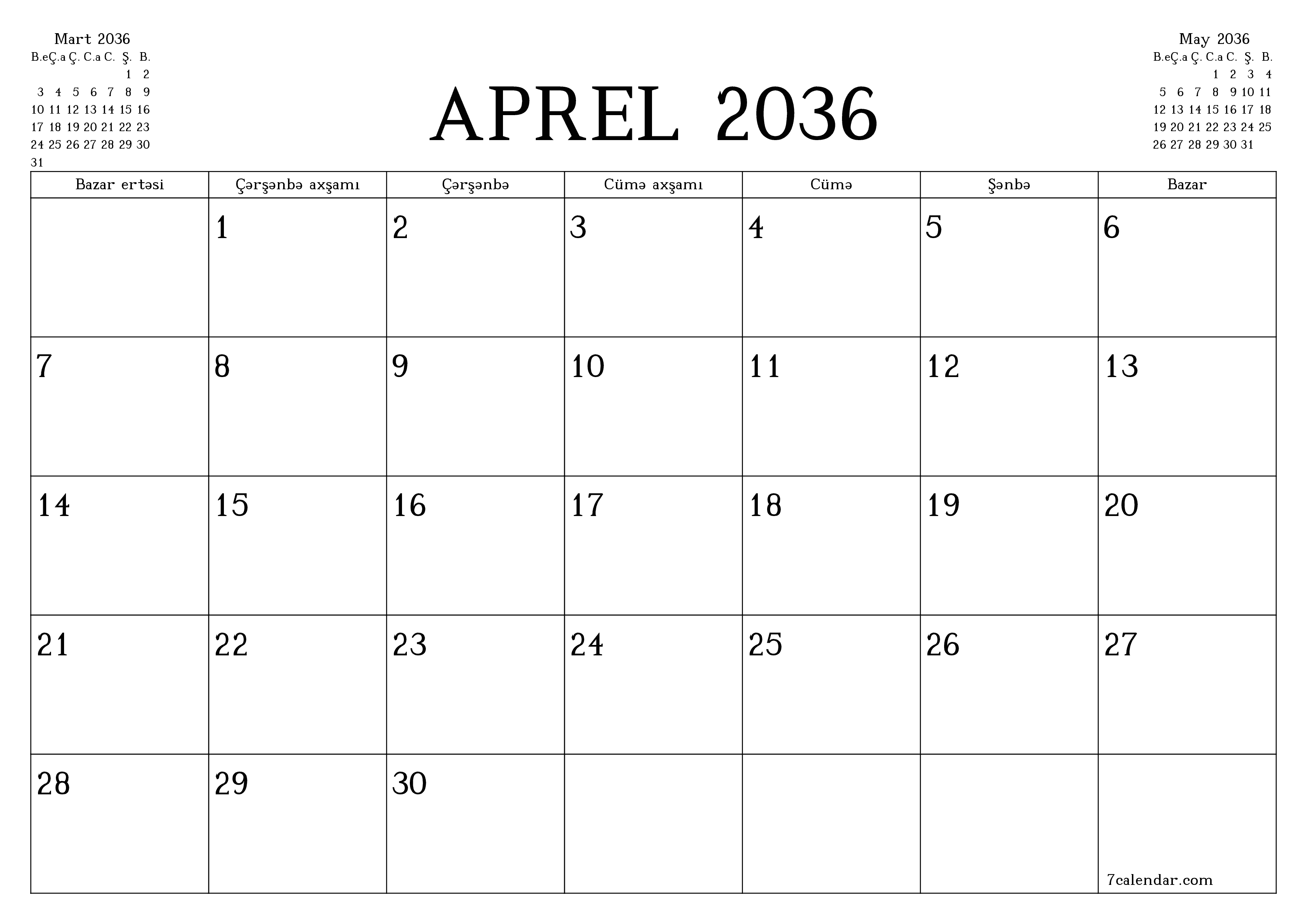 Aprel 2036 ayı üçün qeydlər ilə boş aylıq planlayıcı, qeyd edin və PDF-ə yazdırın PNG Azerbaijani