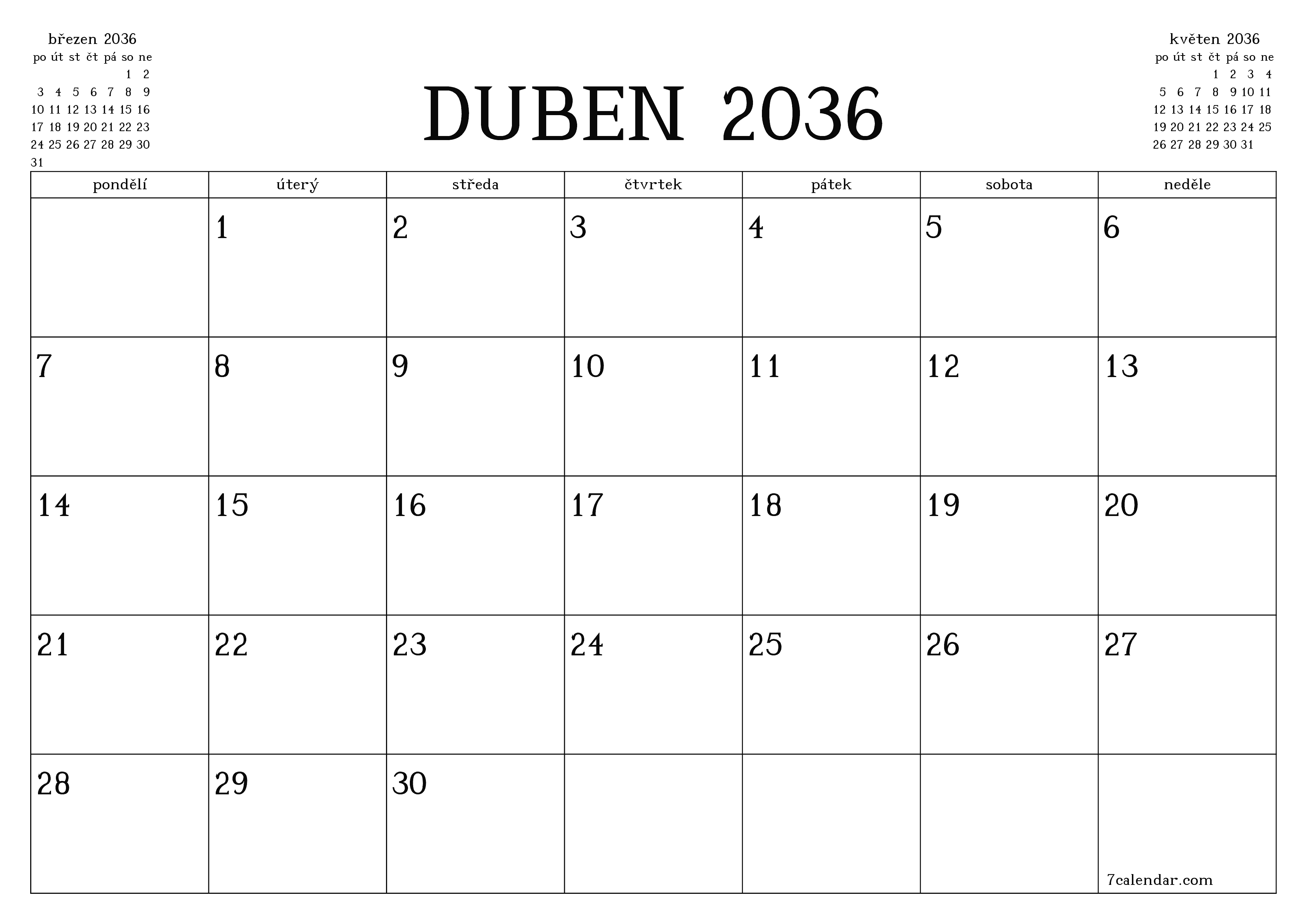 Vyprázdnit měsíční plánovač na měsíc duben 2036 s poznámkami, uložit a vytisknout do PDF PNG Czech