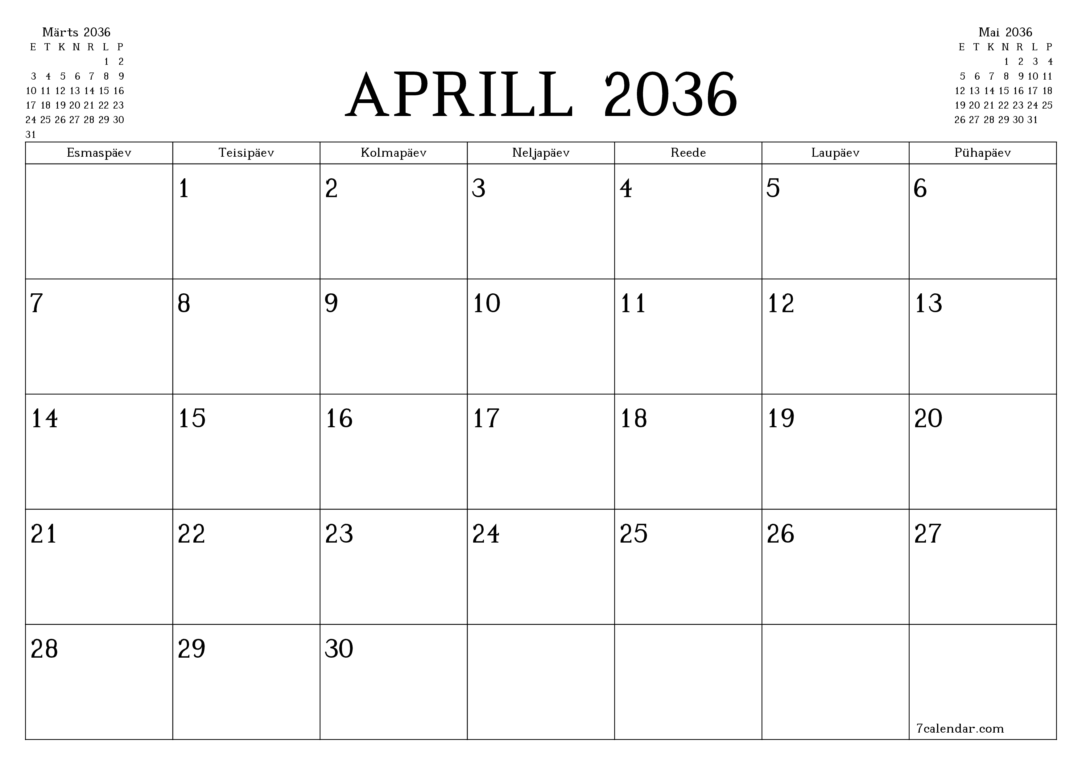 Tühjendage kuu Aprill 2036 kuuplaneerija märkmetega, salvestage ja printige PDF-i PNG Estonian