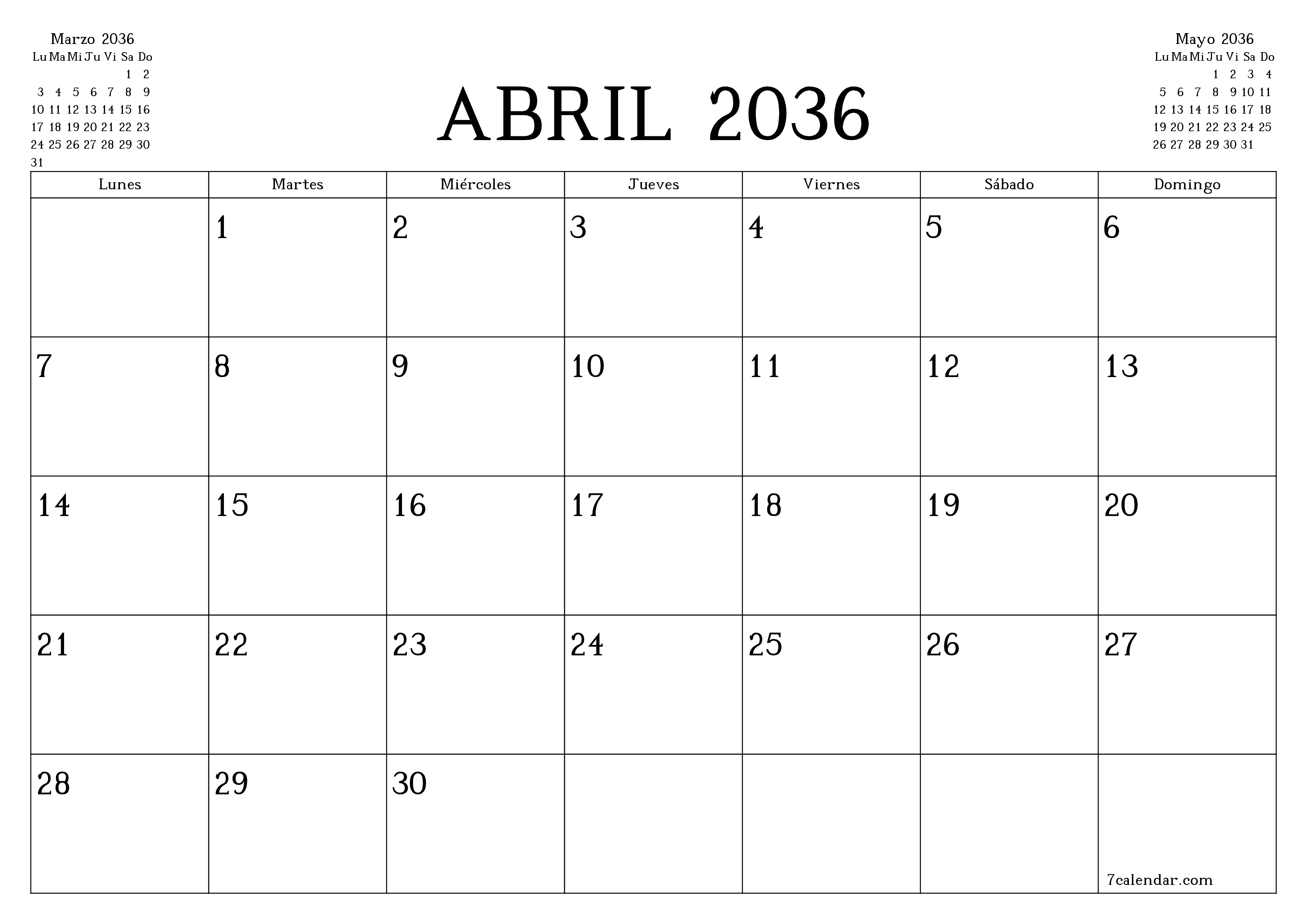 Planificador mensual vacío para el mes Abril 2036 con notas, guardar e imprimir en PDF PNG Spanish