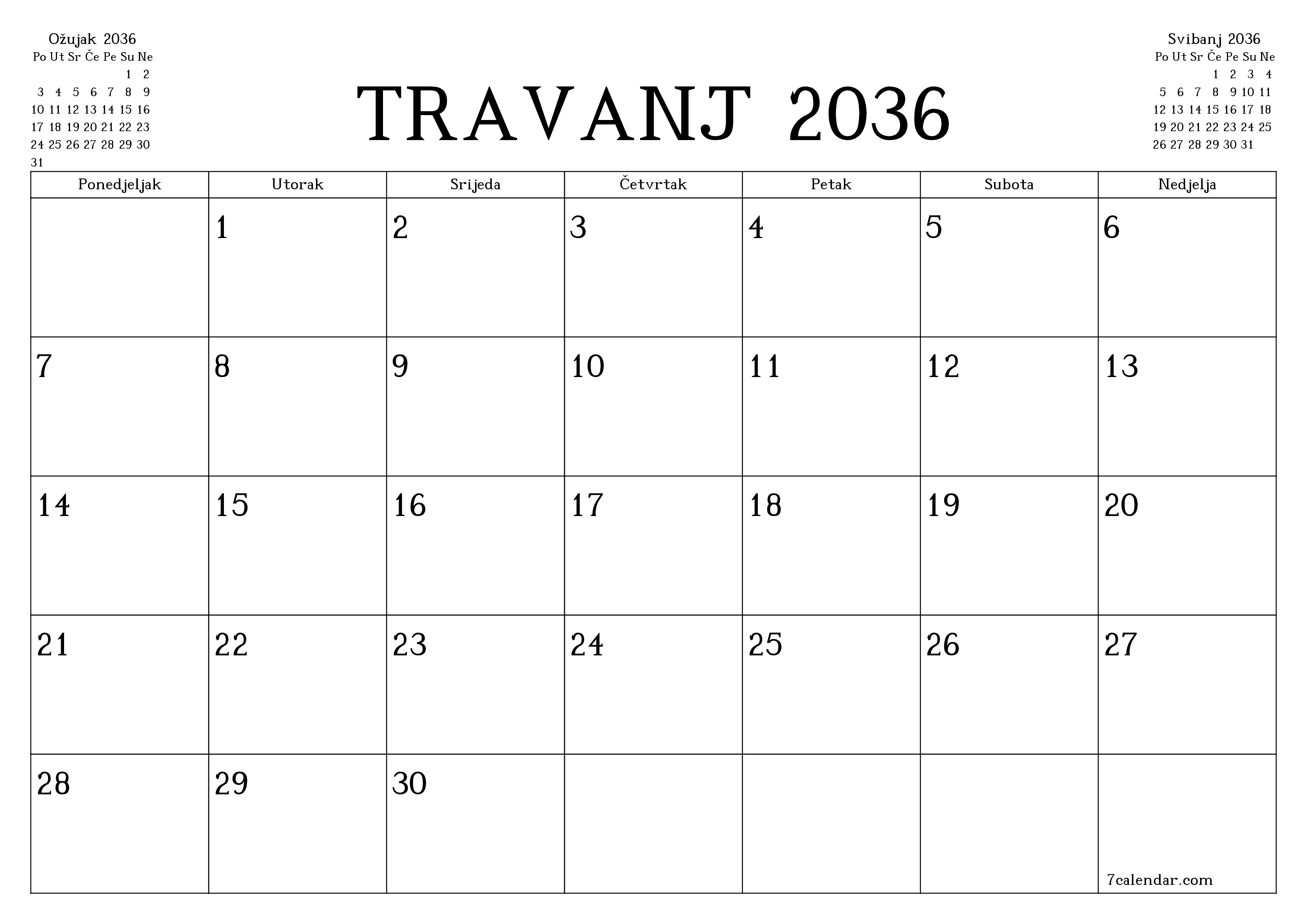 Ispraznite mjesečni planer za mjesec Travanj 2036 s bilješkama, spremite i ispišite u PDF PNG Croatian