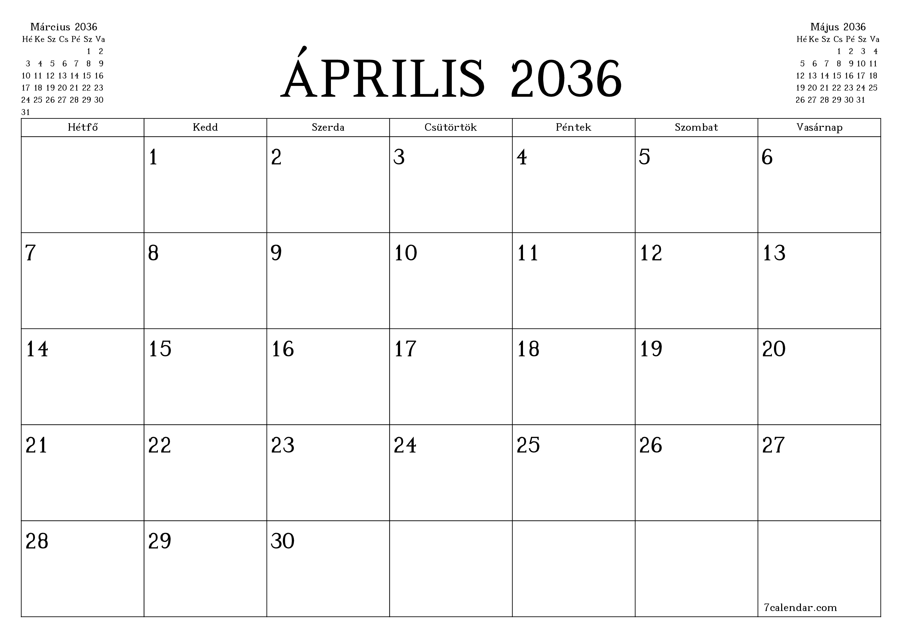 Üres havi tervező a Április 2036 hónapra jegyzetekkel, mentés és nyomtatás PDF-be PNG Hungarian