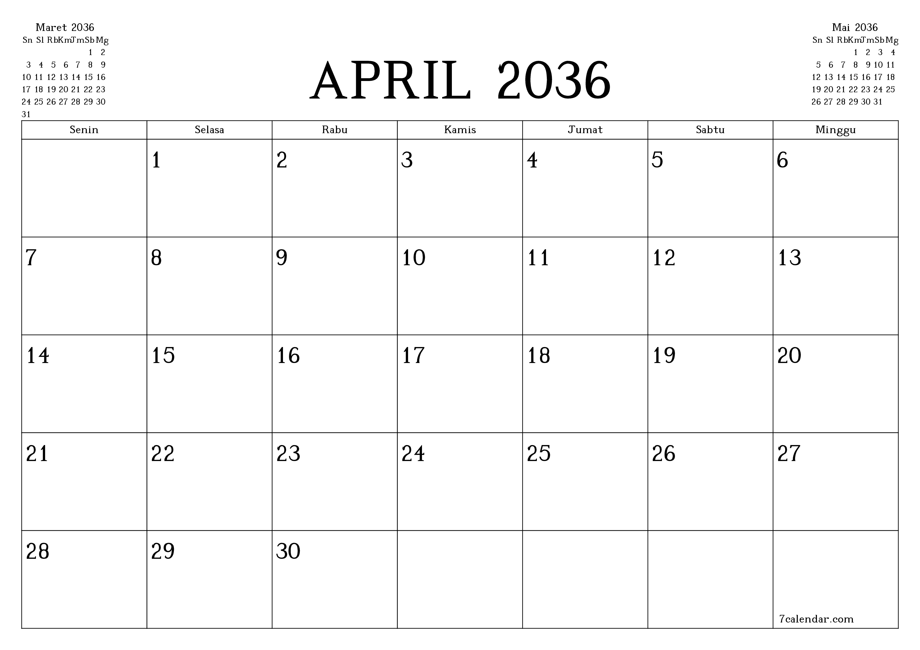 Kosongkan agenda bulanan untuk bulan April 2036 dengan catatan, simpan dan cetak ke PDF PNG Indonesian