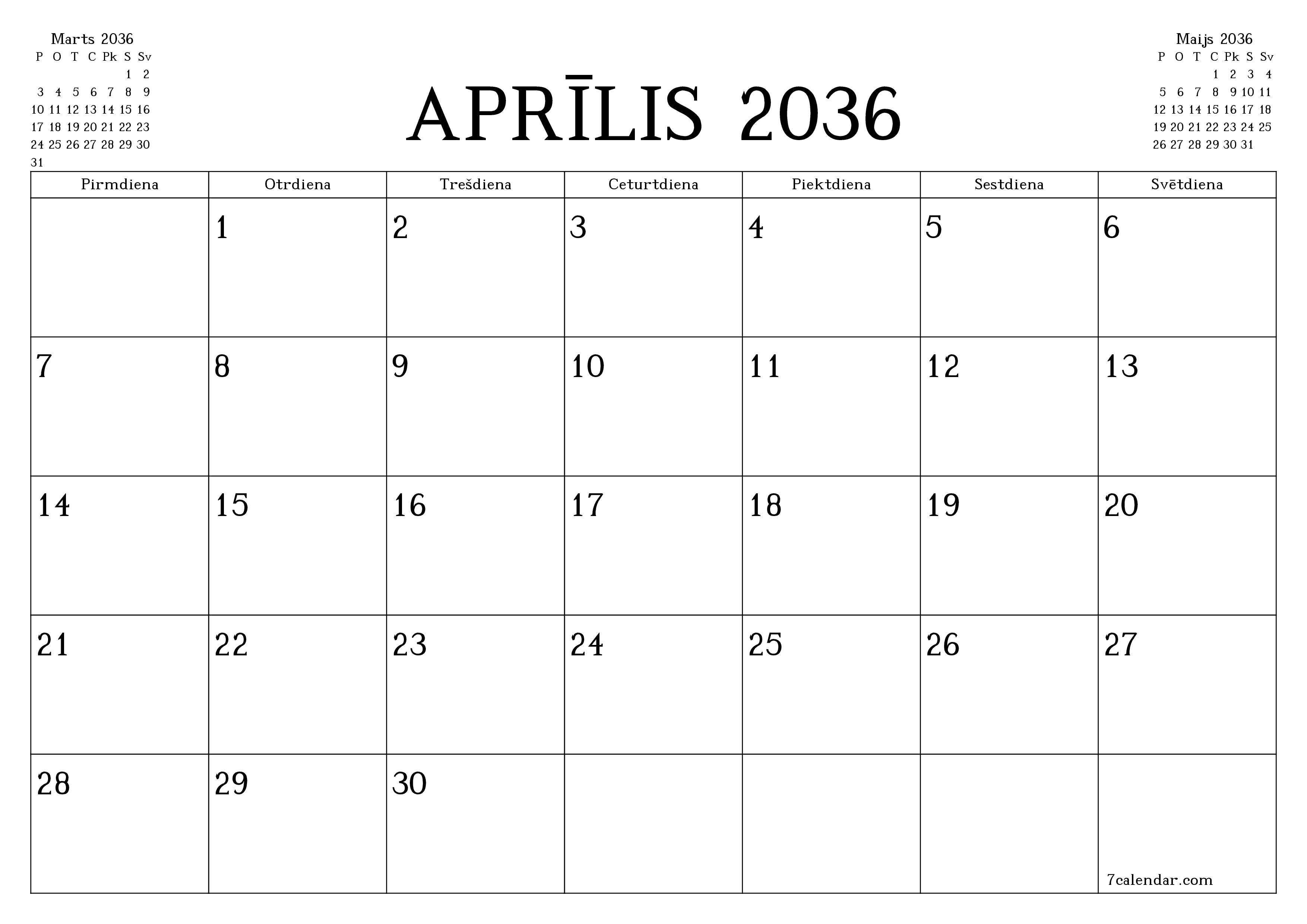 Iztukšot mēneša plānotāju mēnesim Aprīlis 2036 ar piezīmēm, saglabāt un izdrukāt PDF formātā PNG Latvian
