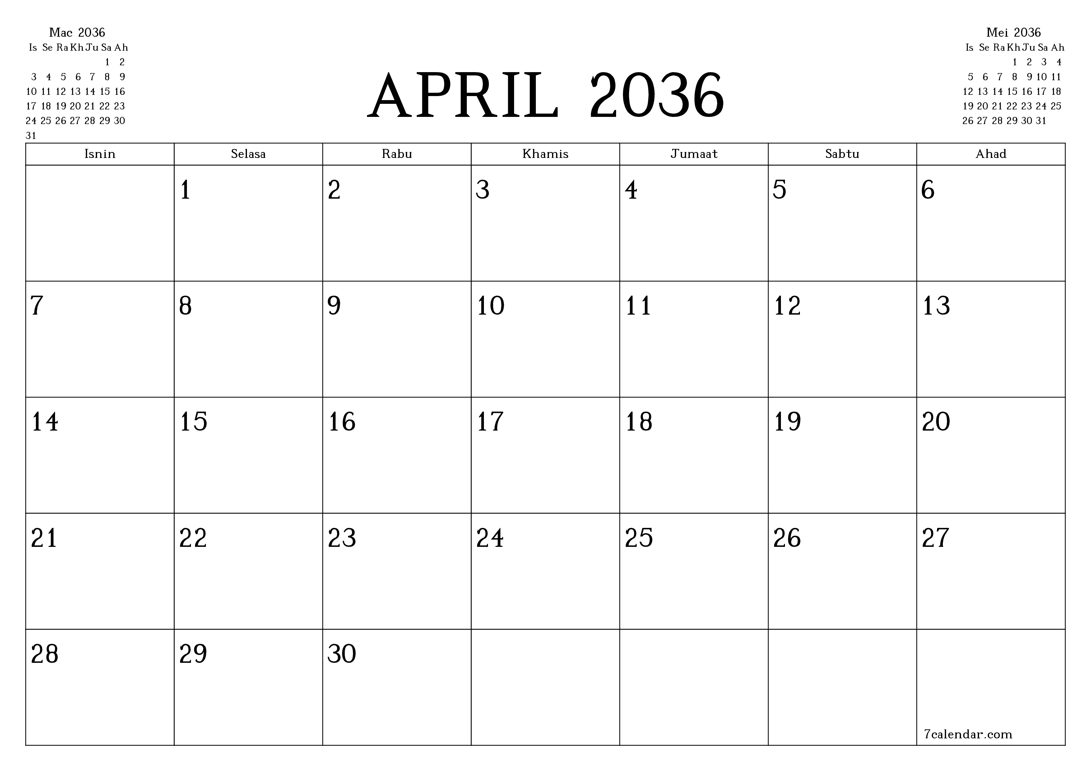 Perancang bulanan kosong untuk bulan April 2036 dengan nota, simpan dan cetak ke PDF PNG Malay