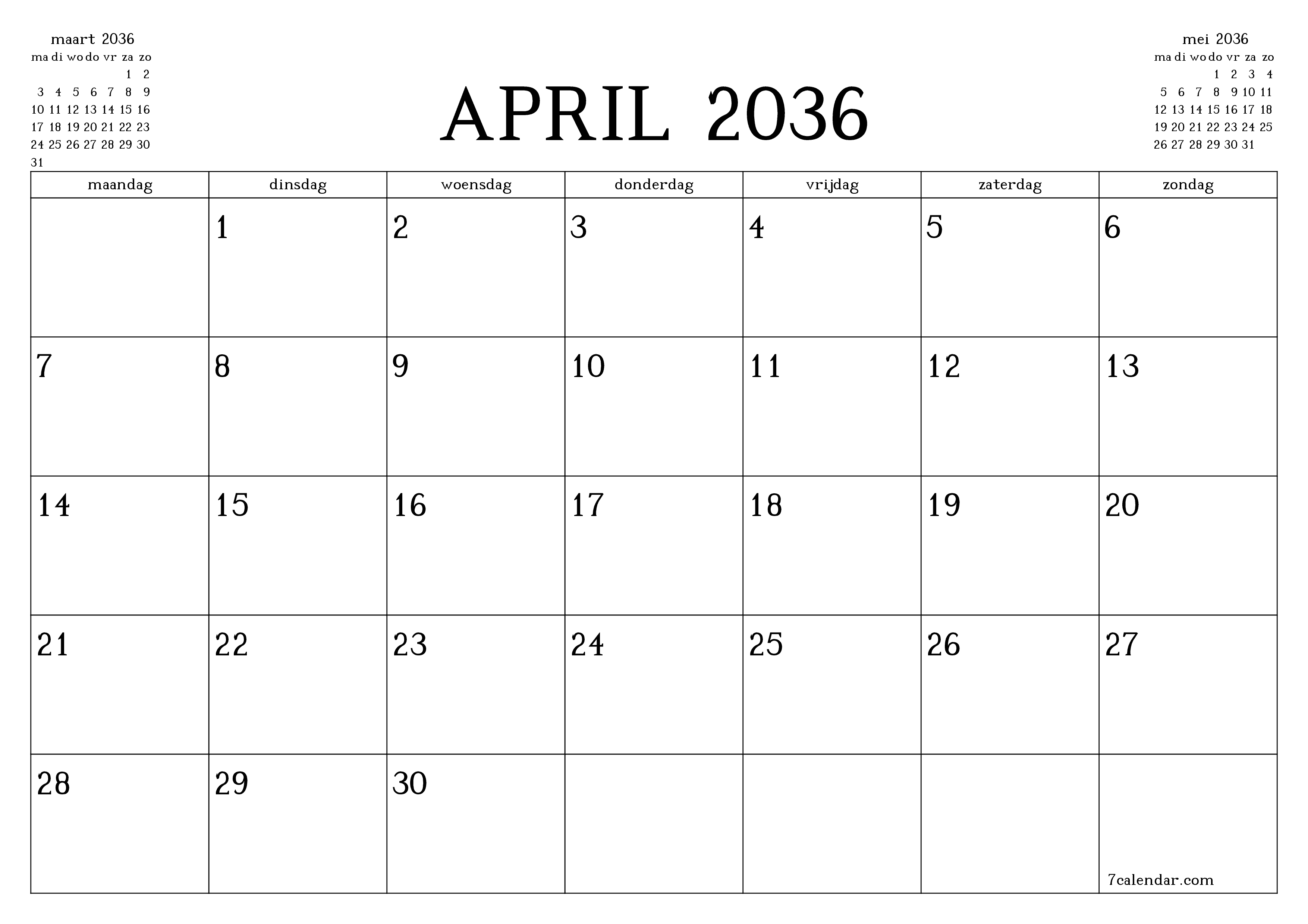 Lege maandplanner voor maand april 2036 met notities, opslaan en afdrukken naar pdf PNG Dutch