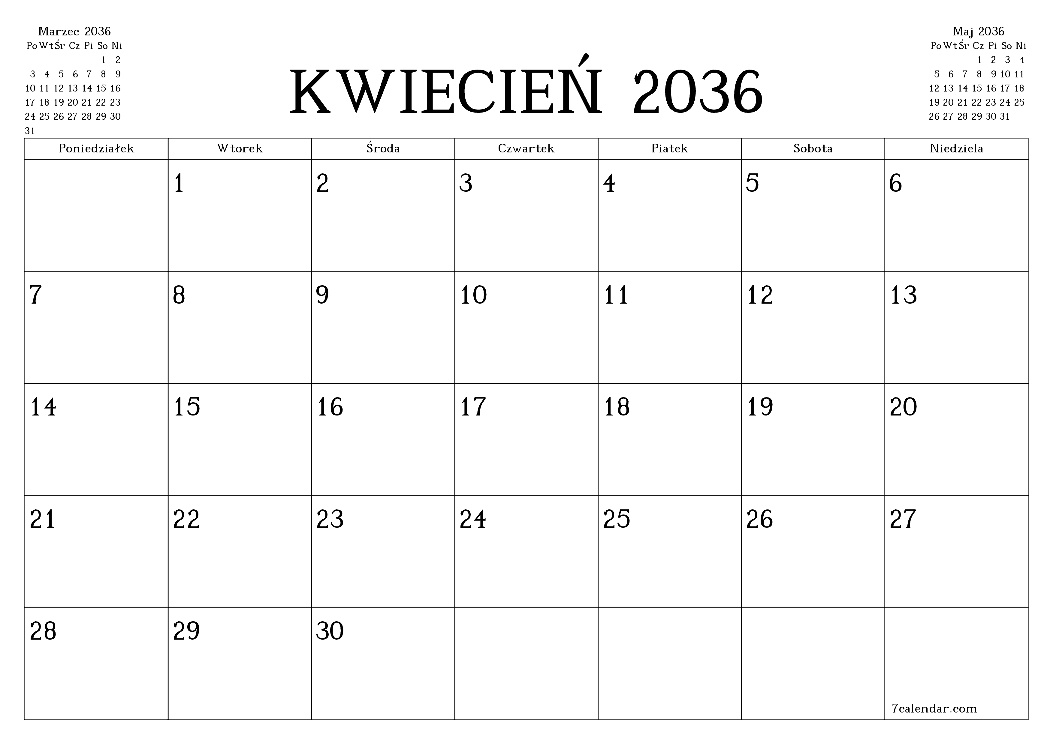 Opróżnij miesięczny planer na miesiąc Kwiecień 2036 z notatkami, zapisz i wydrukuj w formacie PDF PNG Polish