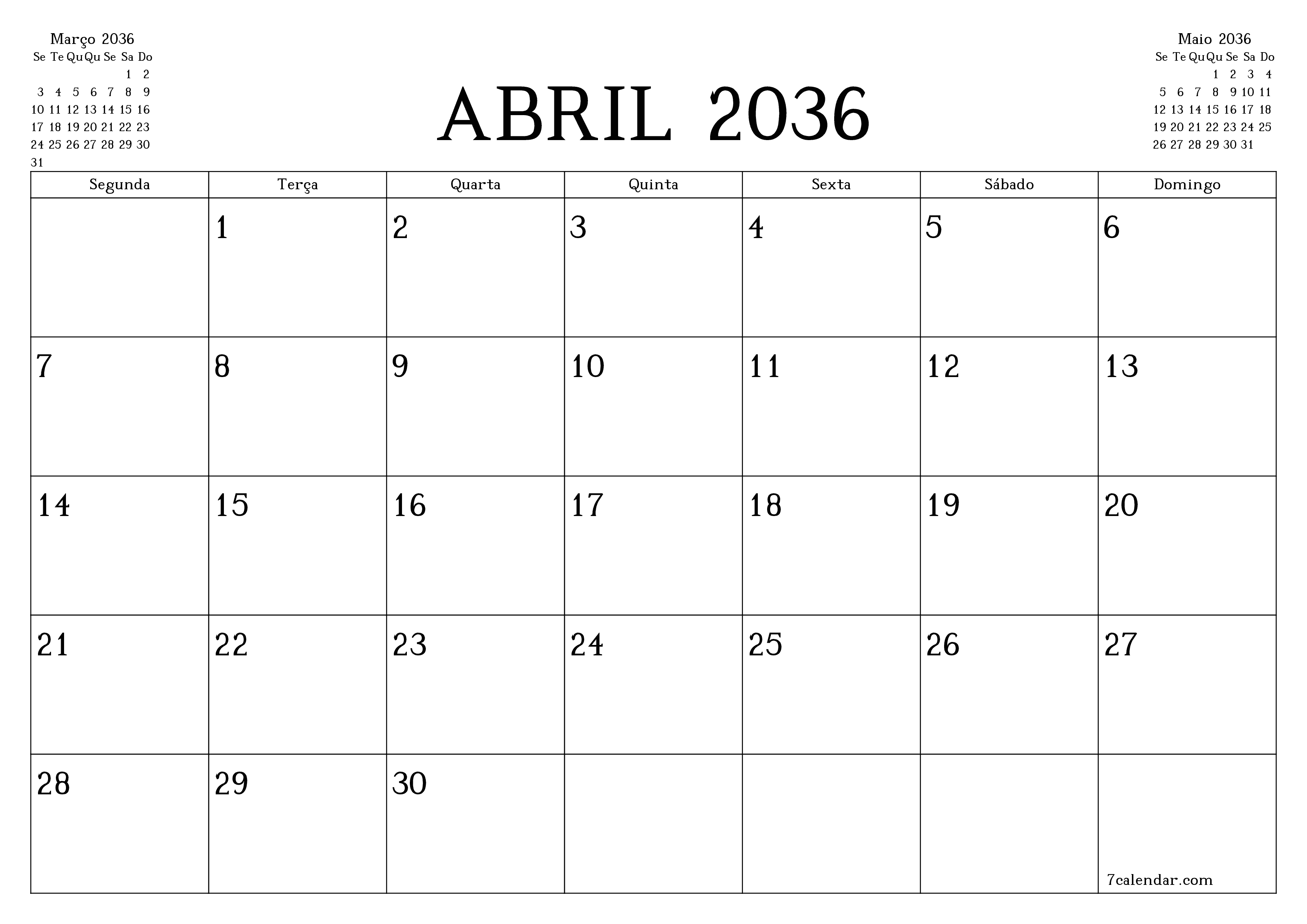 Esvazie o planejador mensal para o mês Abril 2036 com notas, salve e imprima em PDF PNG Portuguese