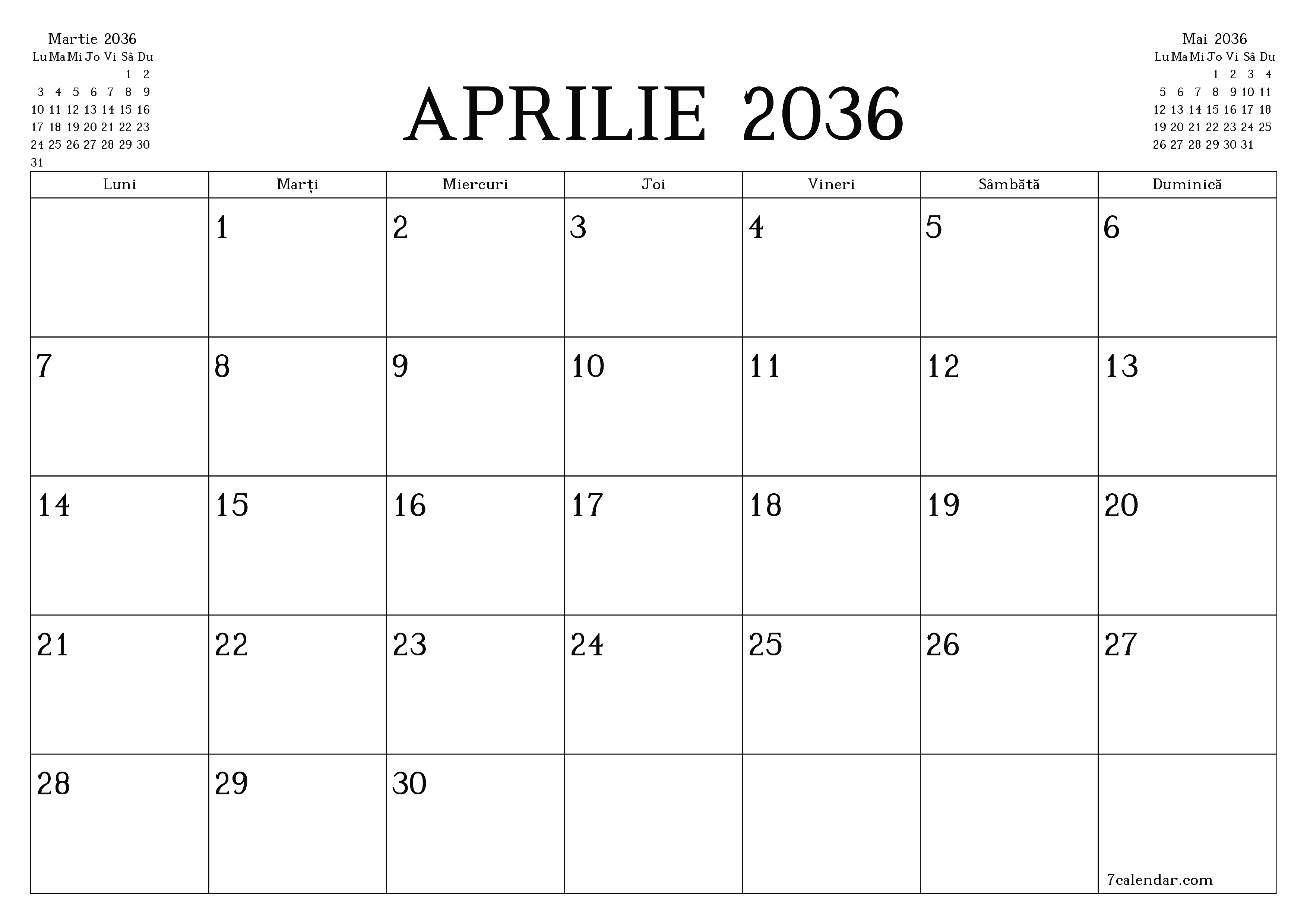 Planificator lunar gol pentru luna Aprilie 2036 cu note, salvați și tipăriți în PDF PNG Romanian