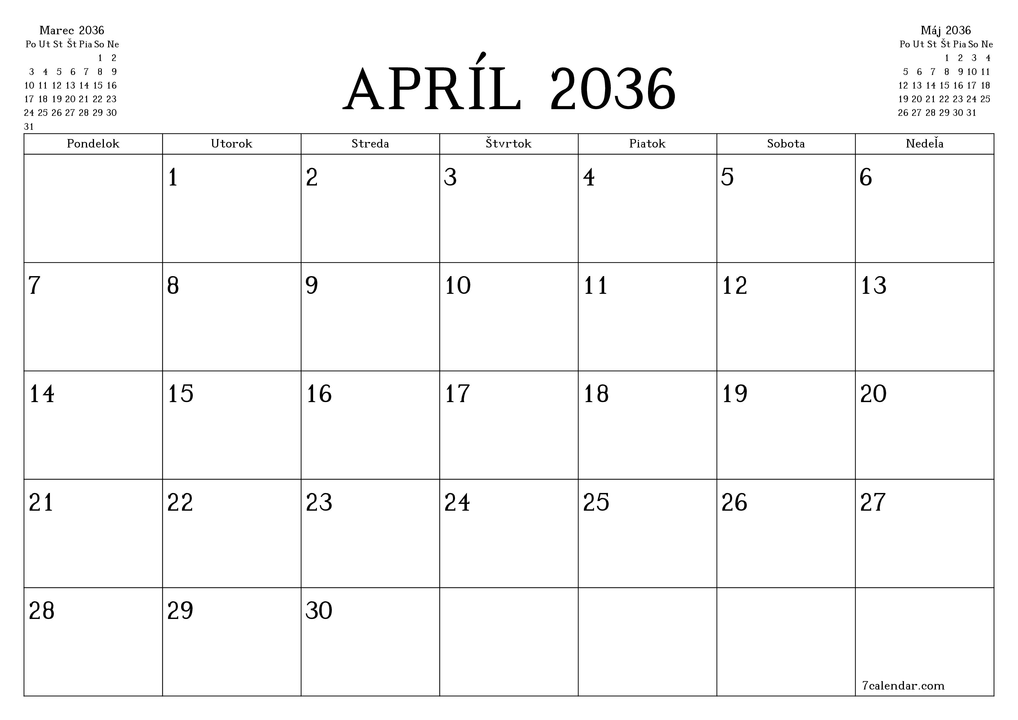 Prázdny mesačný plánovač na mesiac Apríl 2036 s poznámkami, uloženie a tlač do PDF PNG Slovak