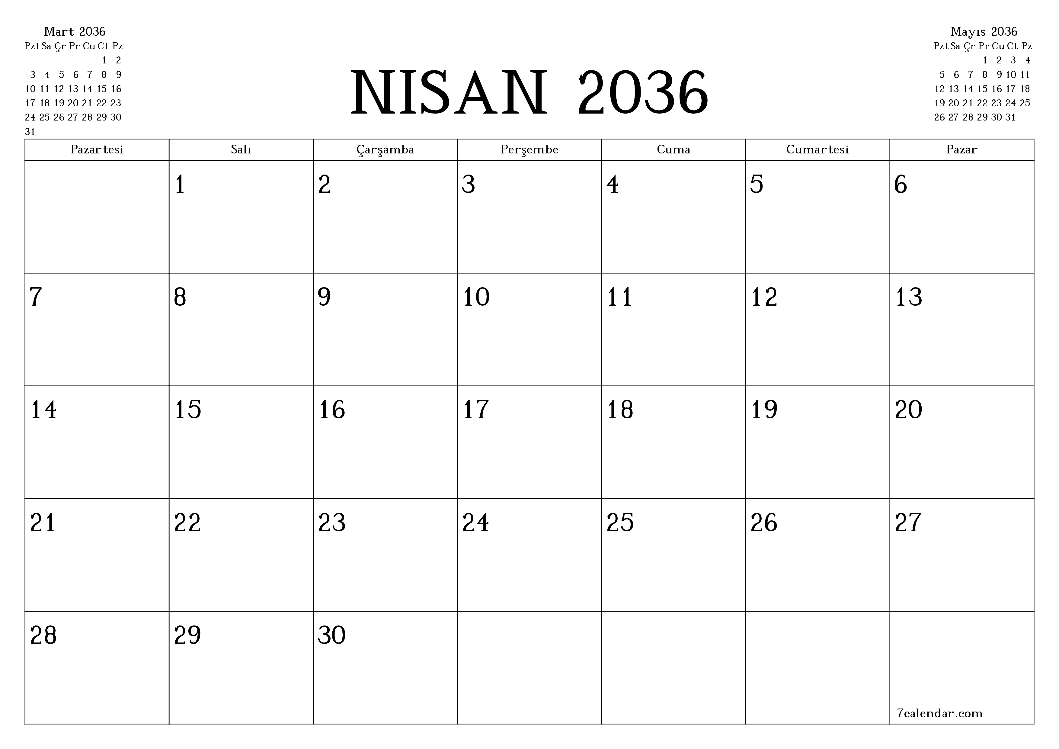 Nisan 2036 ayı için notlarla birlikte boş aylık planlayıcı, kaydedin ve PDF'ye yazdırın PNG Turkish