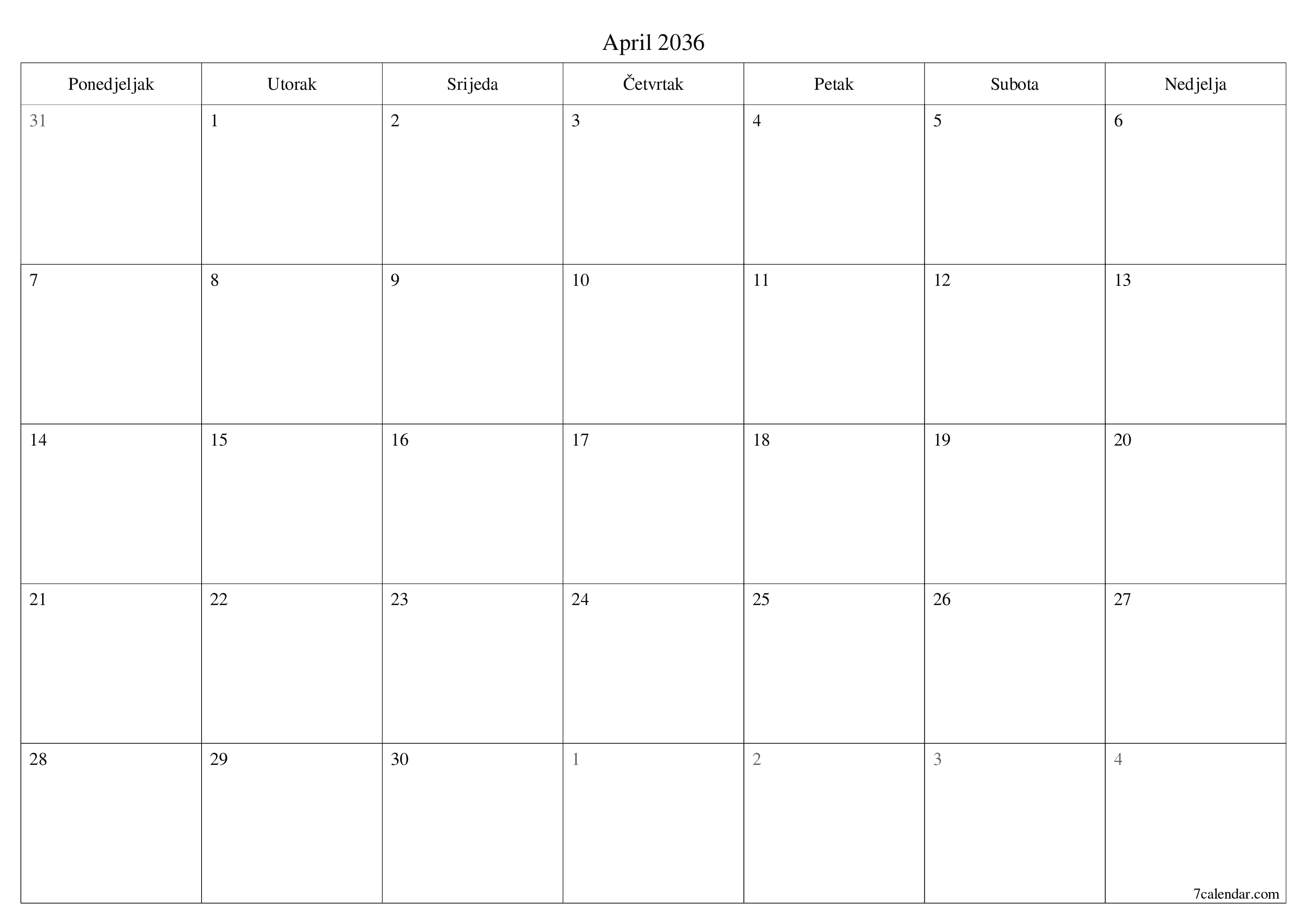 Ispraznite mjesečni planer za mjesec April 2036 s bilješkama, spremite i ispišite u PDF PNG Bosnian