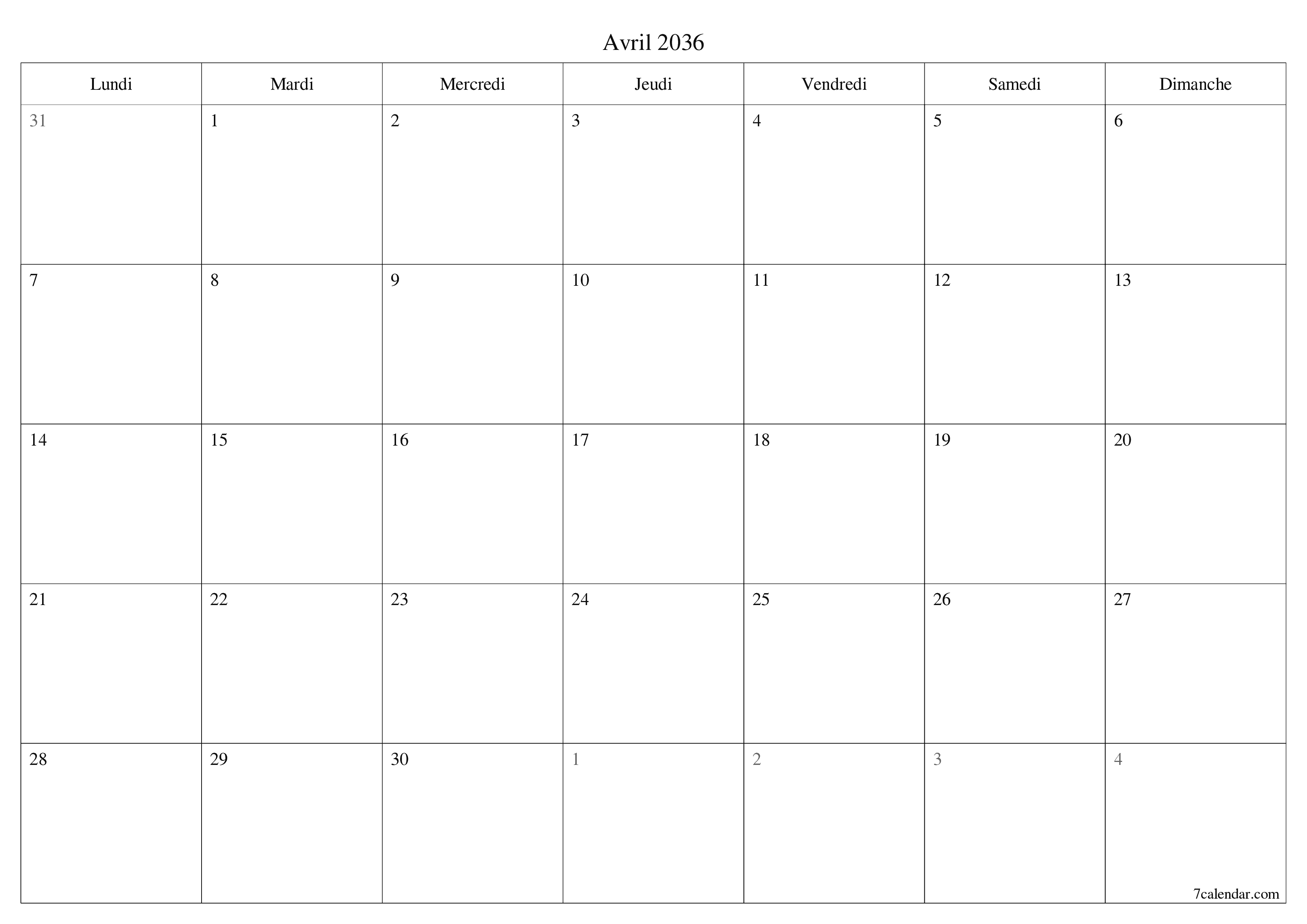 Agenda mensuel vide pour le mois Avril 2036 avec notes, enregistrez et imprimez au format PDF PNG French