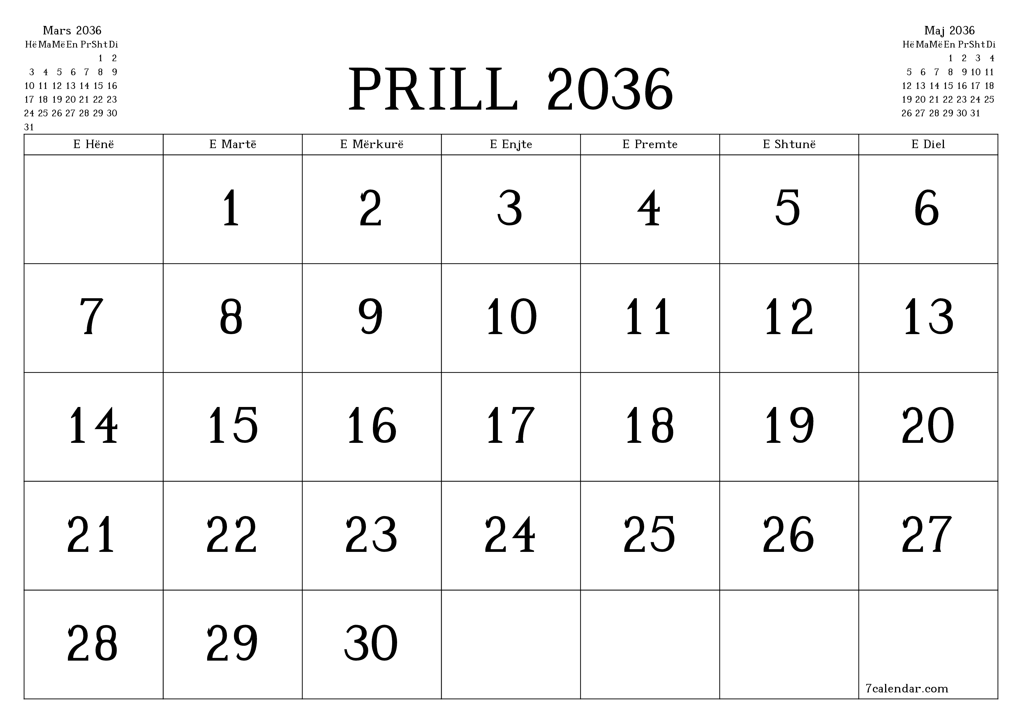 Planifikuesi i zbrazët i kalendarit mujor për muajin Prill 2036 me shënime të ruajtura dhe të printuara në PDF PNG Albanian