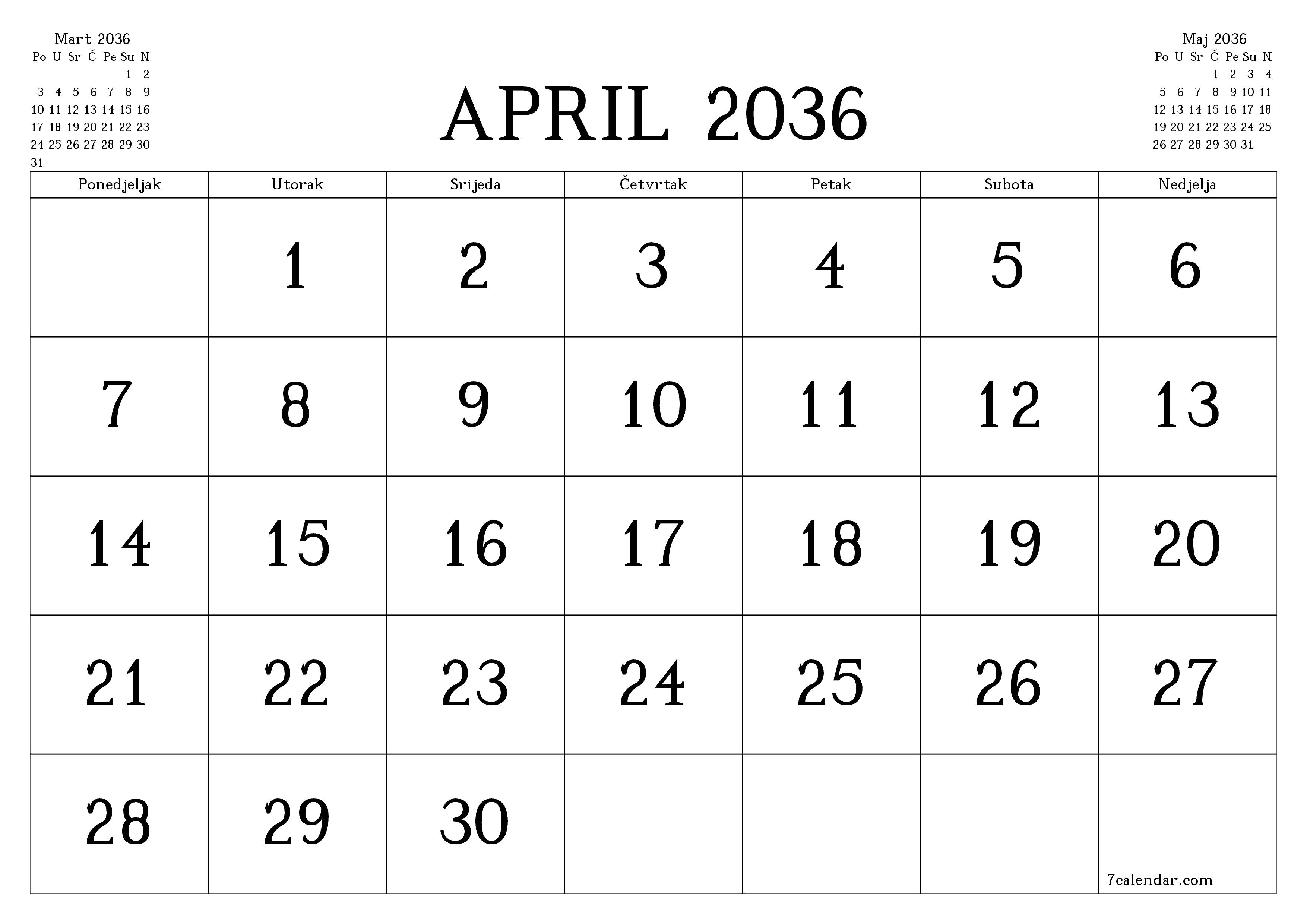 Ispraznite mjesečni planer za mjesec April 2036 s bilješkama, spremite i ispišite u PDF PNG Bosnian