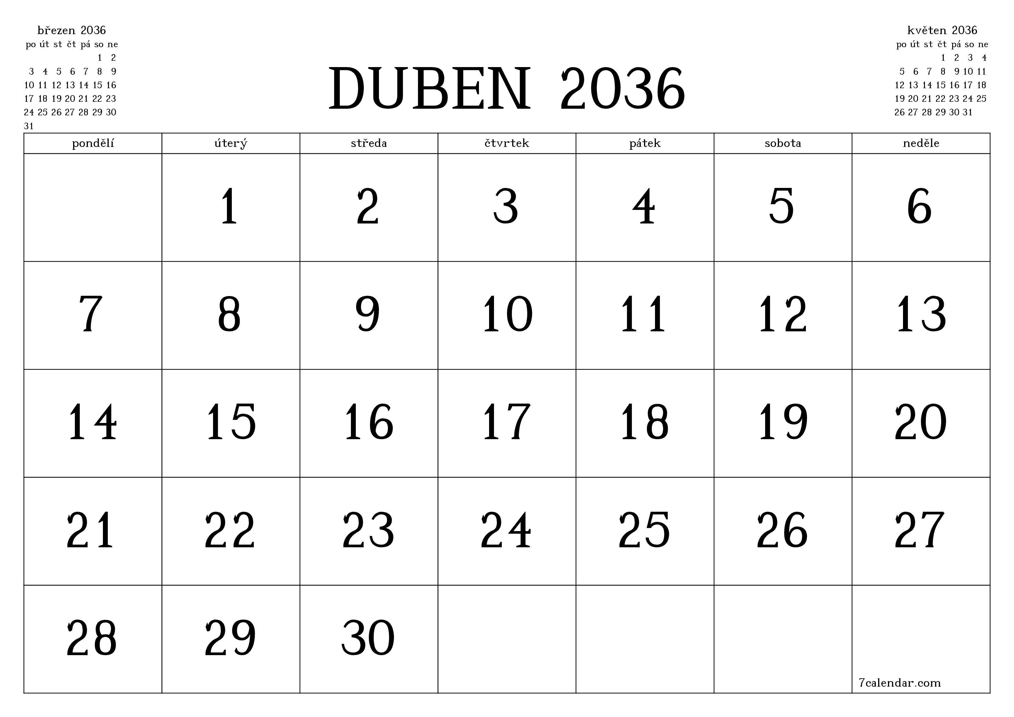 Vyprázdnit měsíční plánovač na měsíc duben 2036 s poznámkami, uložit a vytisknout do PDF PNG Czech