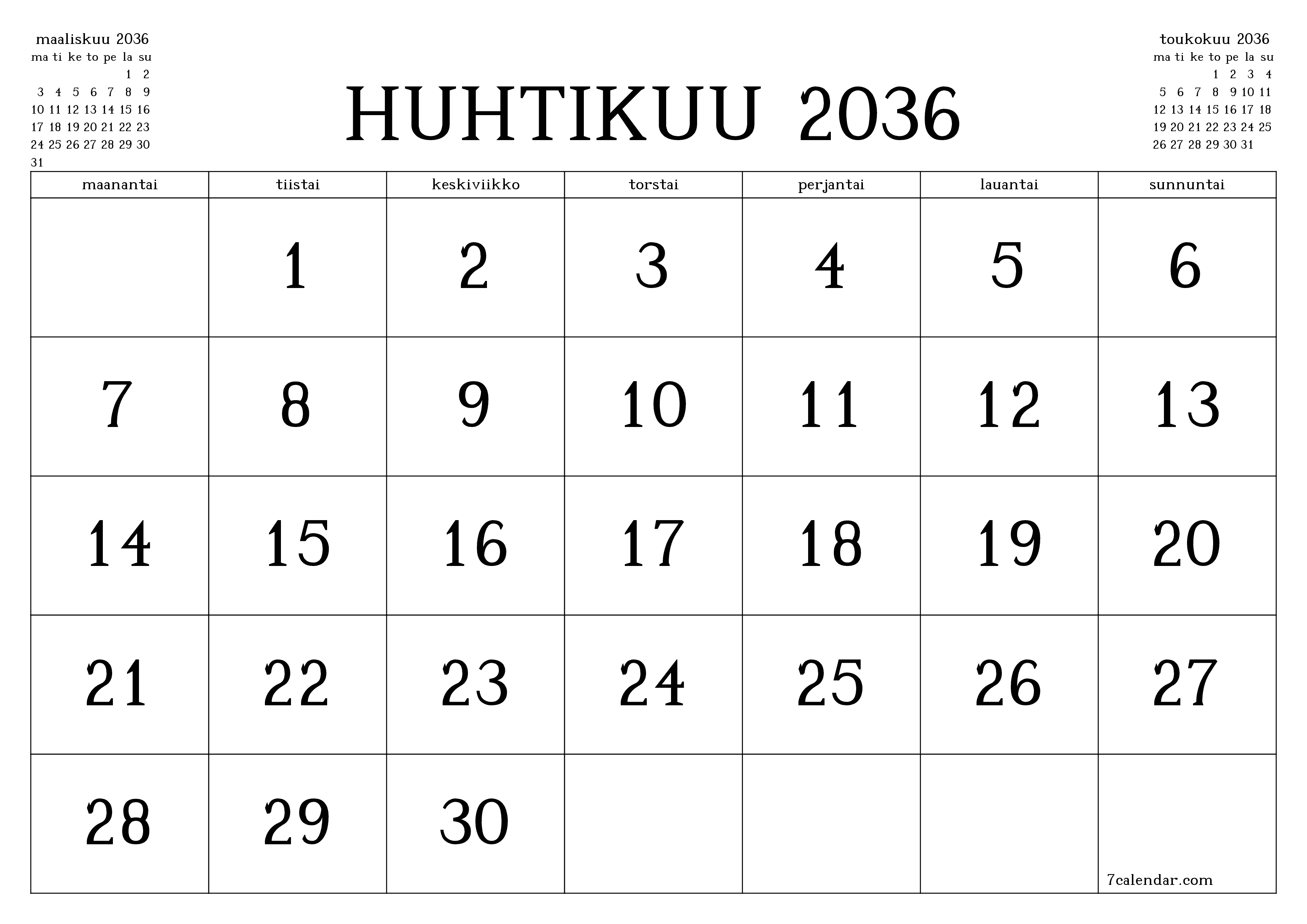 Tyhjennä kuukausittainen suunnittelija kuukaudelle Huhtikuu 2036 muistiinpanoilla, tallenna ja tulosta PDF-muotoon PNG Finnish
