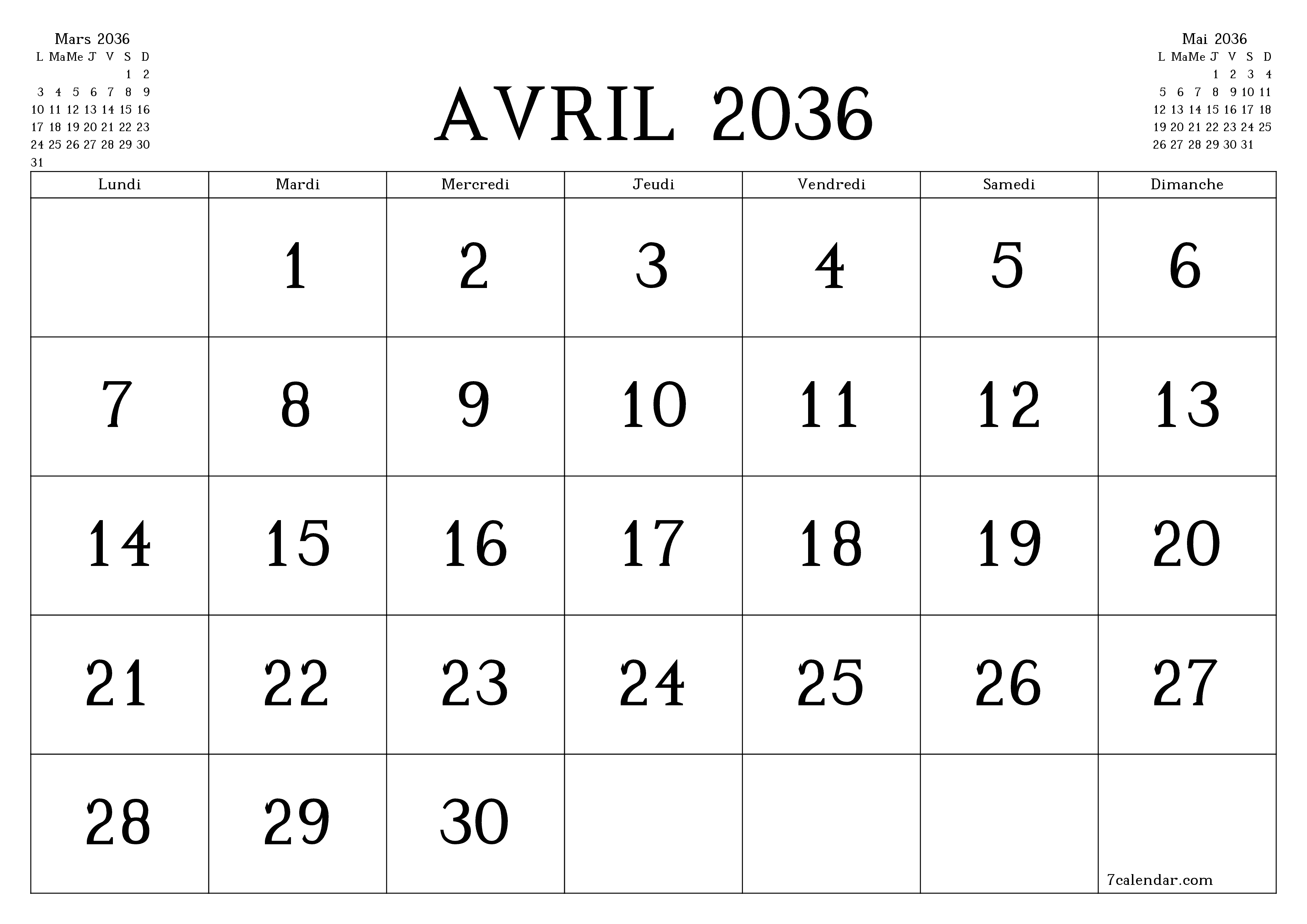 Agenda mensuel vide pour le mois Avril 2036 avec notes, enregistrez et imprimez au format PDF PNG French