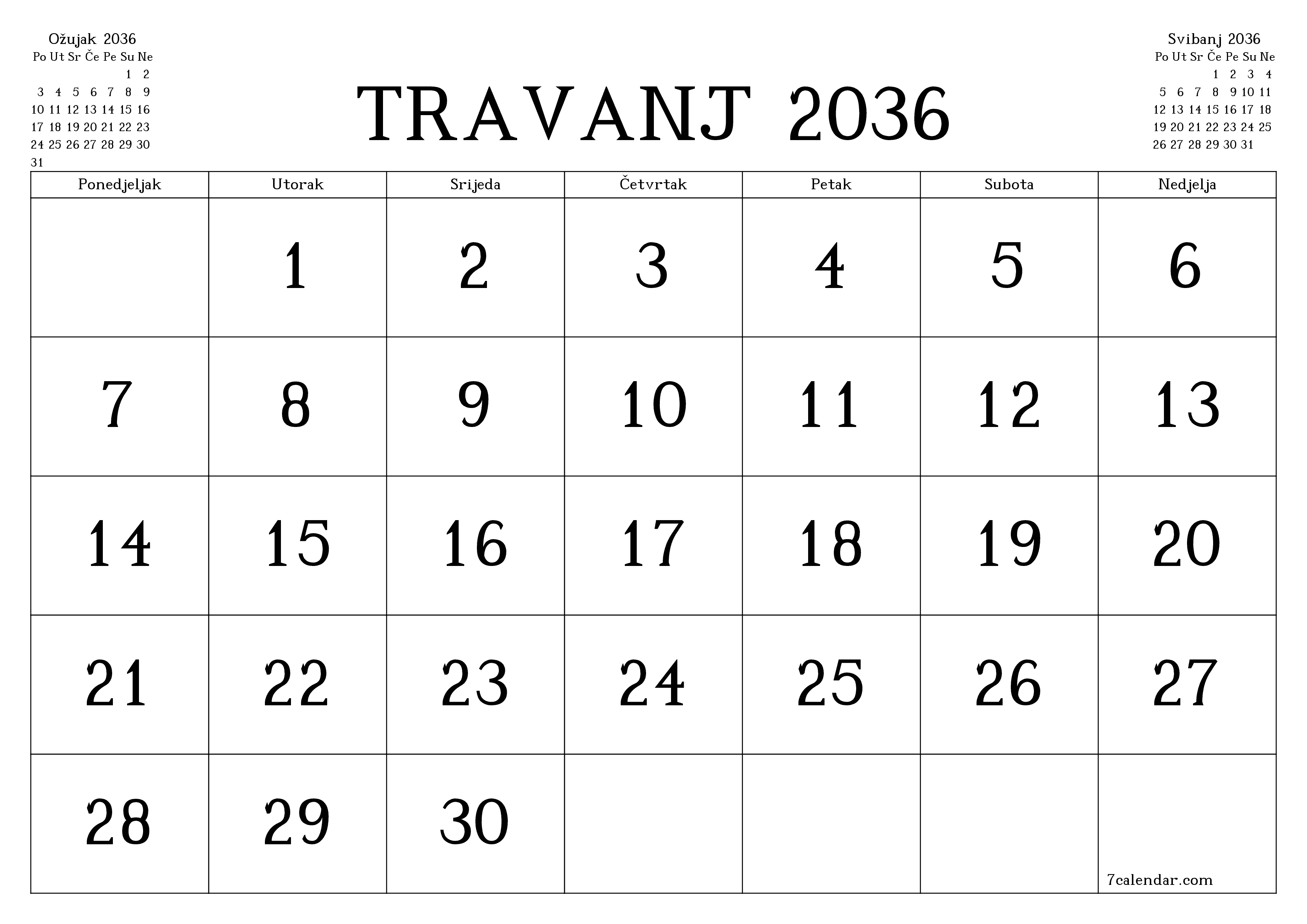 Ispraznite mjesečni planer za mjesec Travanj 2036 s bilješkama, spremite i ispišite u PDF PNG Croatian