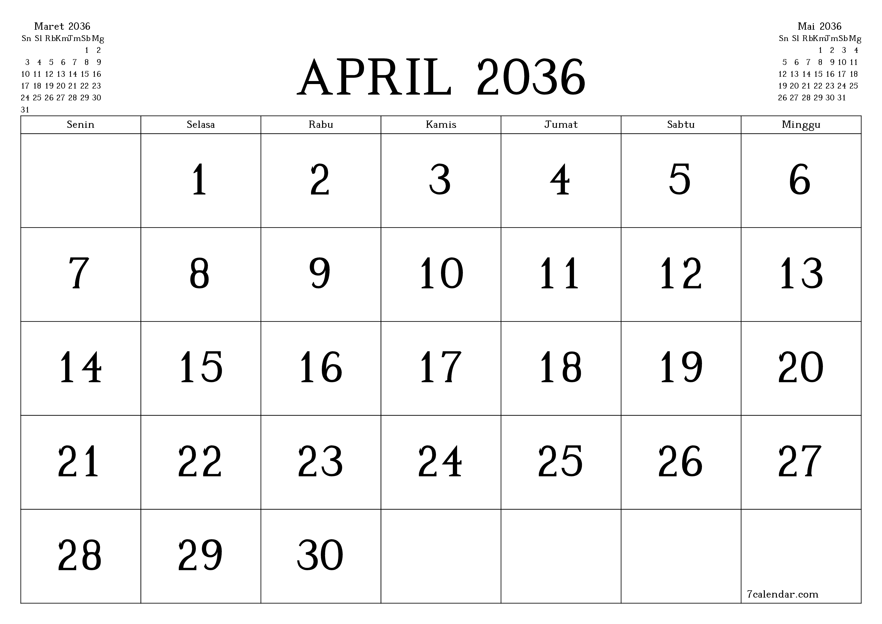 Kosongkan agenda bulanan untuk bulan April 2036 dengan catatan, simpan dan cetak ke PDF PNG Indonesian