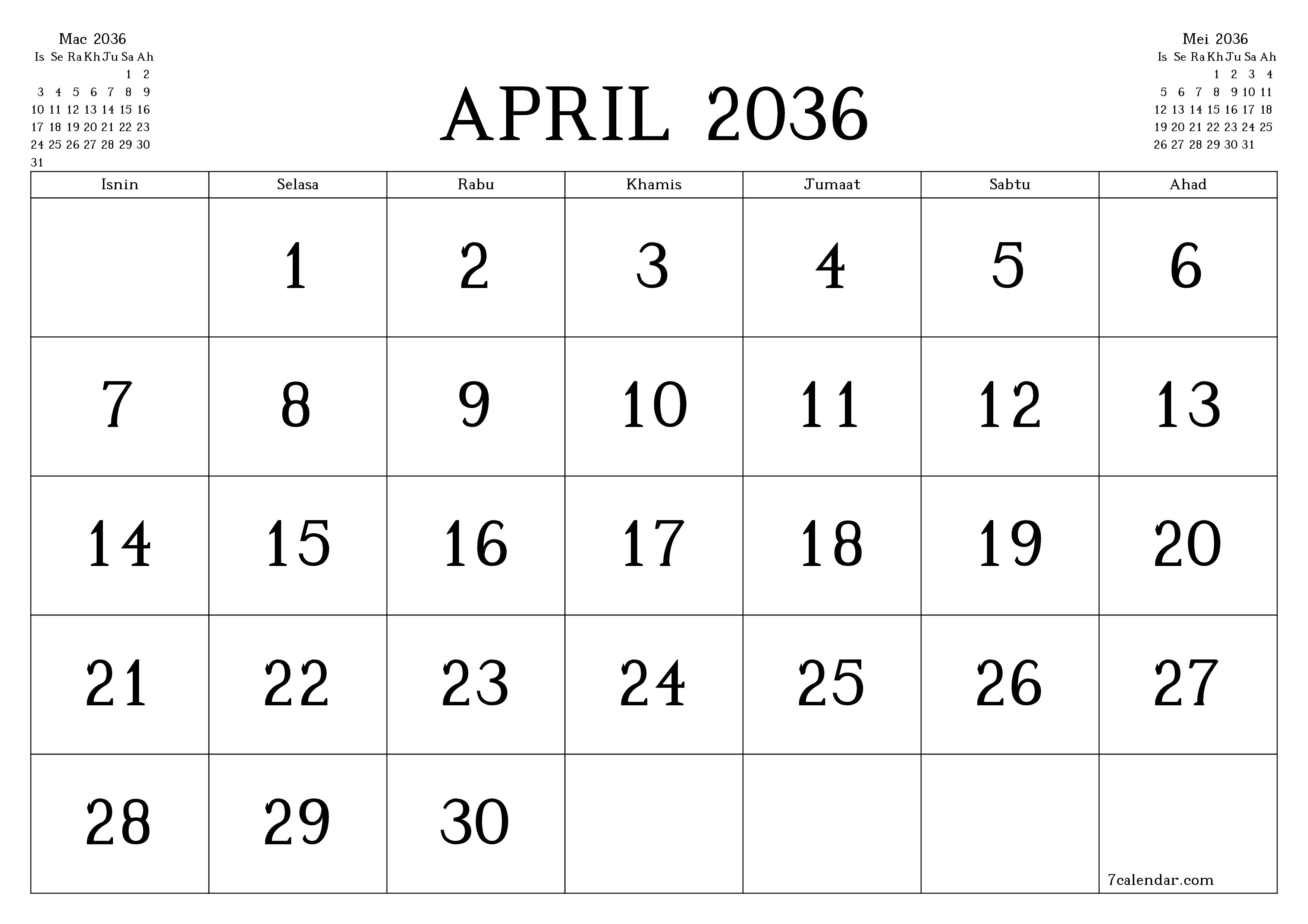 Perancang bulanan kosong untuk bulan April 2036 dengan nota, simpan dan cetak ke PDF PNG Malay