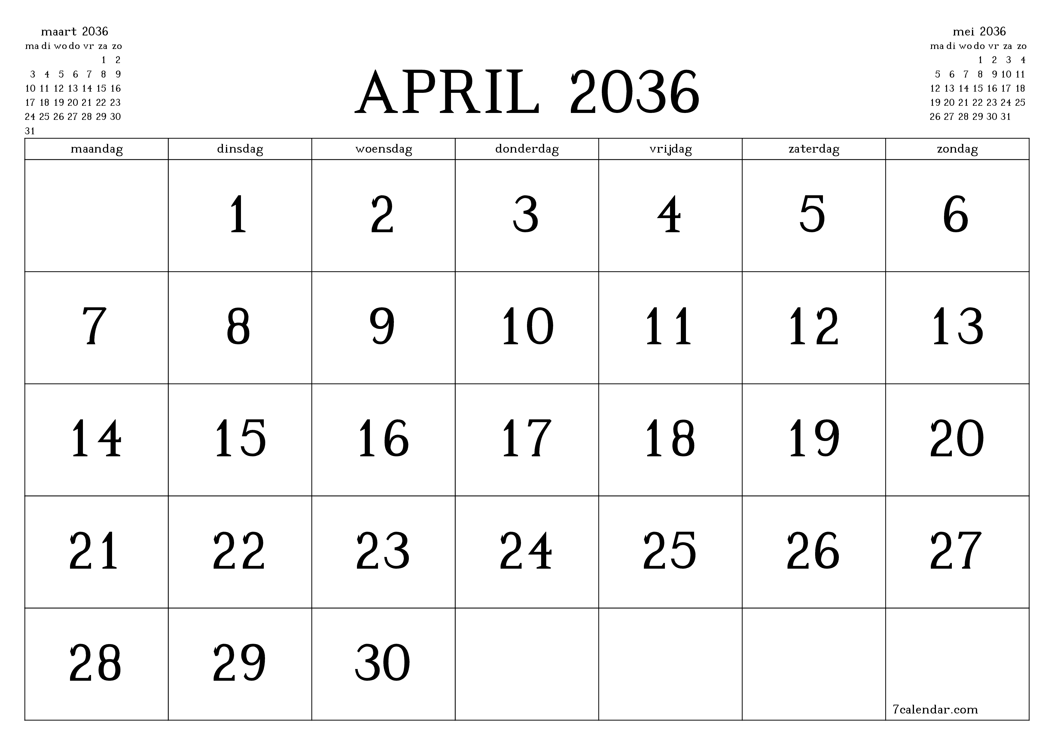 Lege maandplanner voor maand april 2036 met notities, opslaan en afdrukken naar pdf PNG Dutch