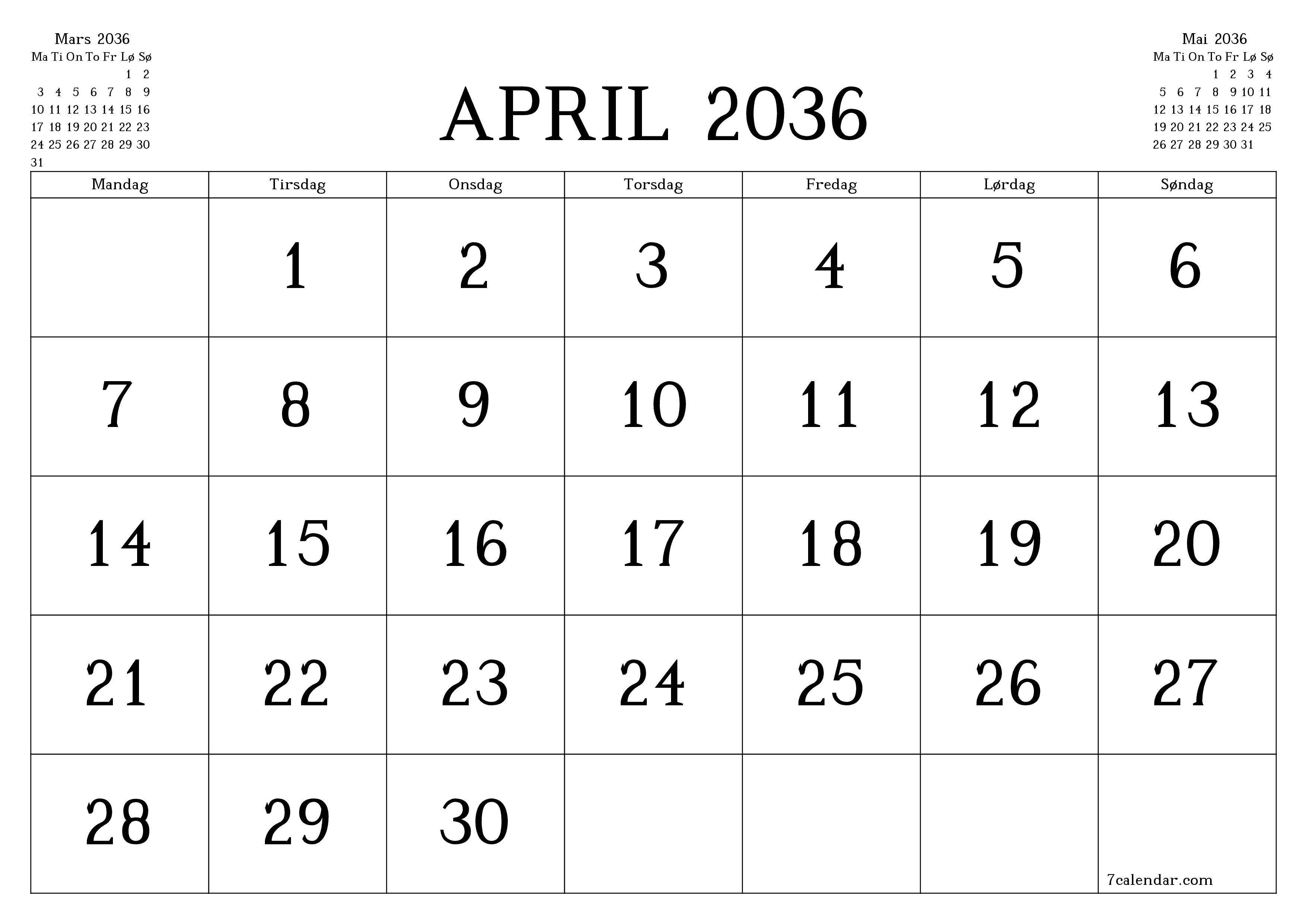 Tom månedlig planlegger for måned April 2036 med notater, lagre og skriv ut til PDF PNG Norwegian