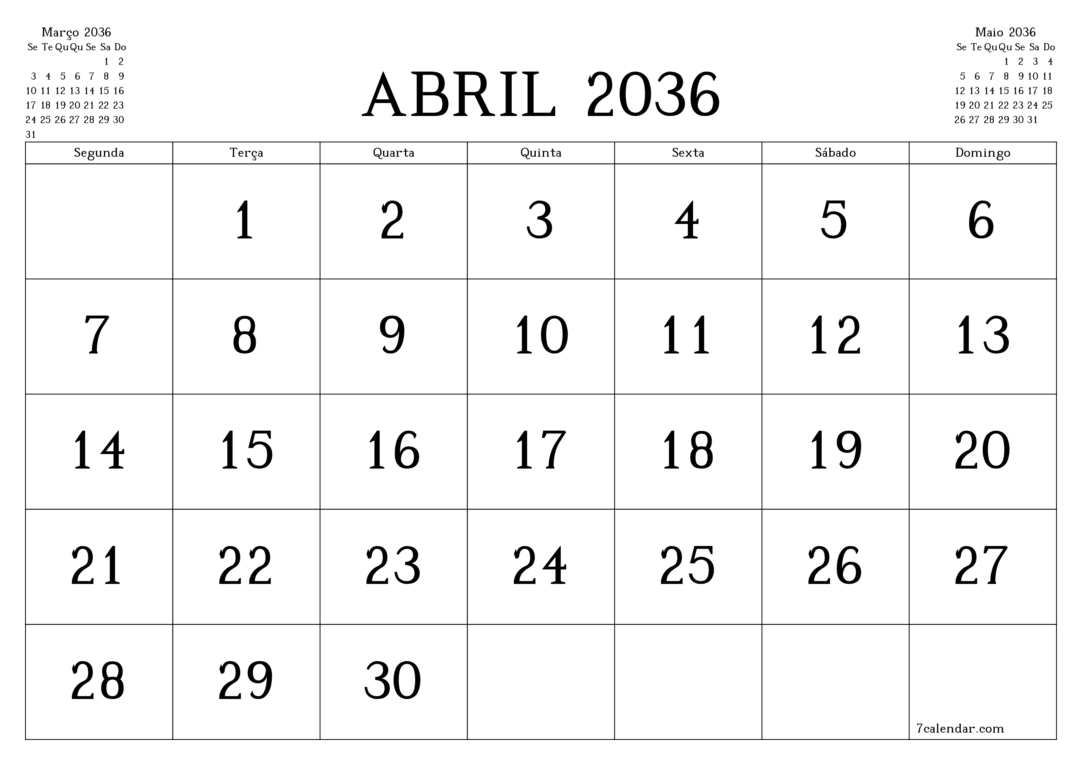 Esvazie o planejador mensal para o mês Abril 2036 com notas, salve e imprima em PDF PNG Portuguese
