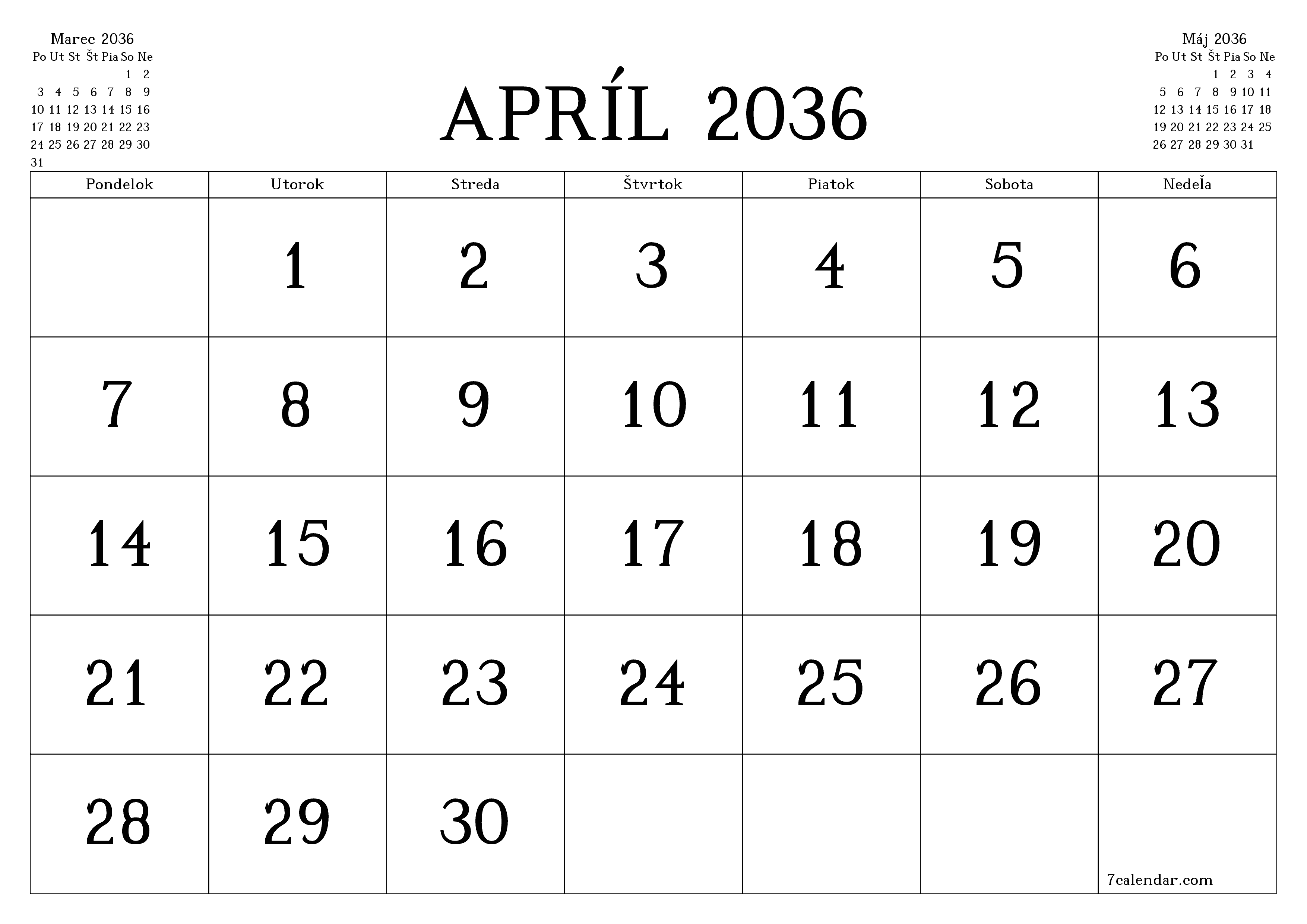 Prázdny mesačný plánovač na mesiac Apríl 2036 s poznámkami, uloženie a tlač do PDF PNG Slovak