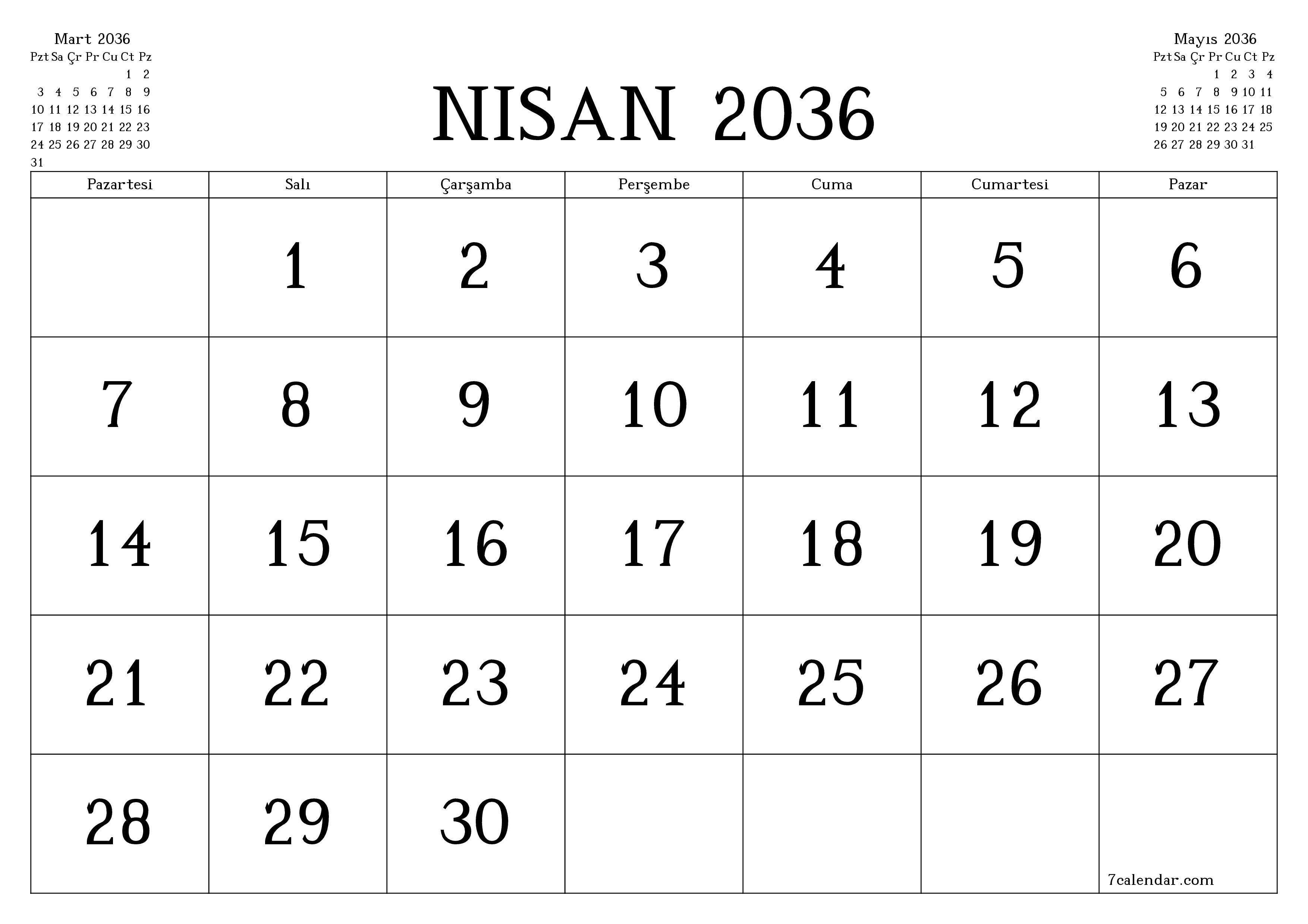 Nisan 2036 ayı için notlarla birlikte boş aylık planlayıcı, kaydedin ve PDF'ye yazdırın PNG Turkish
