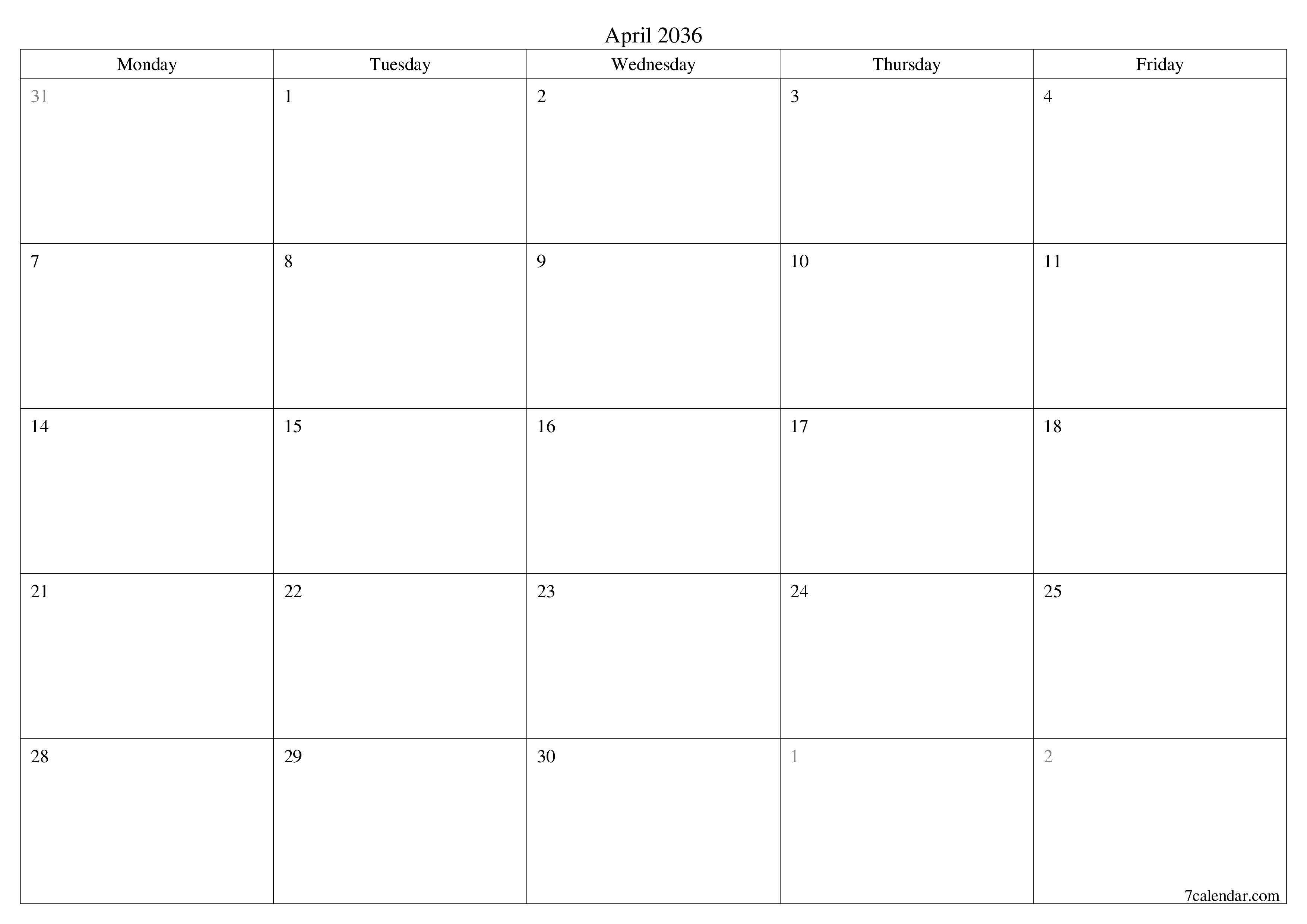 Blank calendar April 2036
