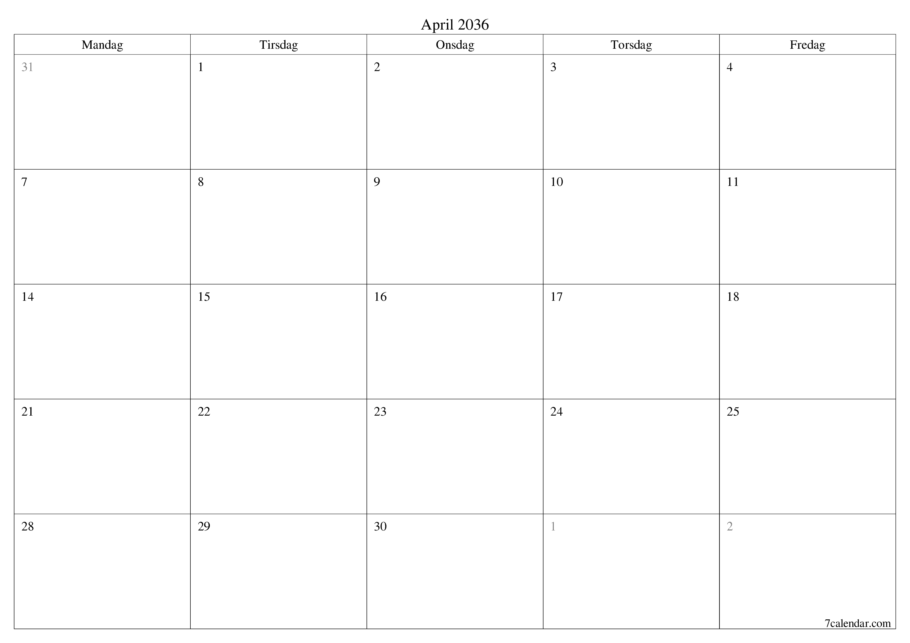 Tom månedlig planlegger for måned April 2036 med notater, lagre og skriv ut til PDF PNG Norwegian