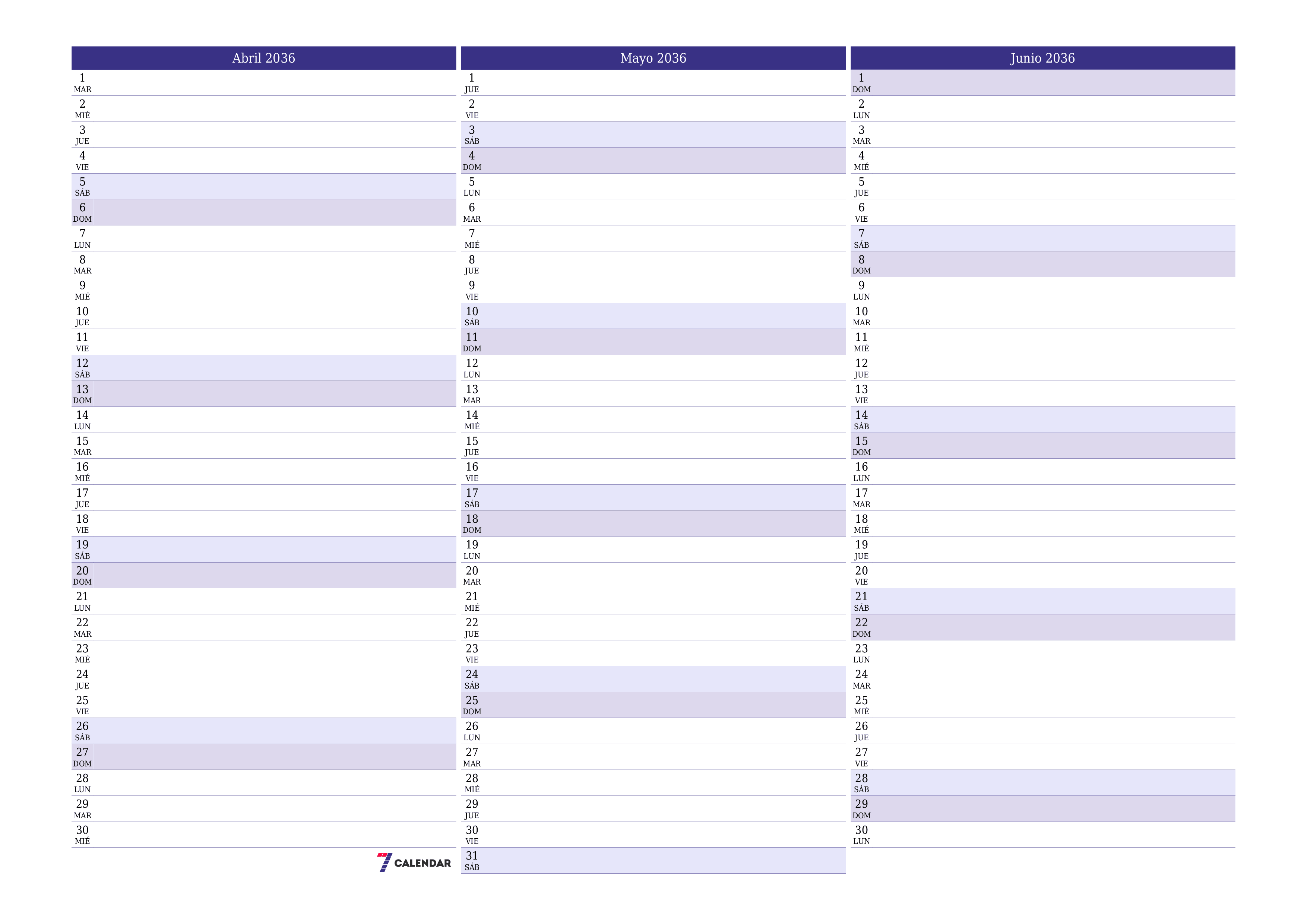 Planificador mensual vacío para el mes Abril 2036 con notas, guardar e imprimir en PDF PNG Spanish