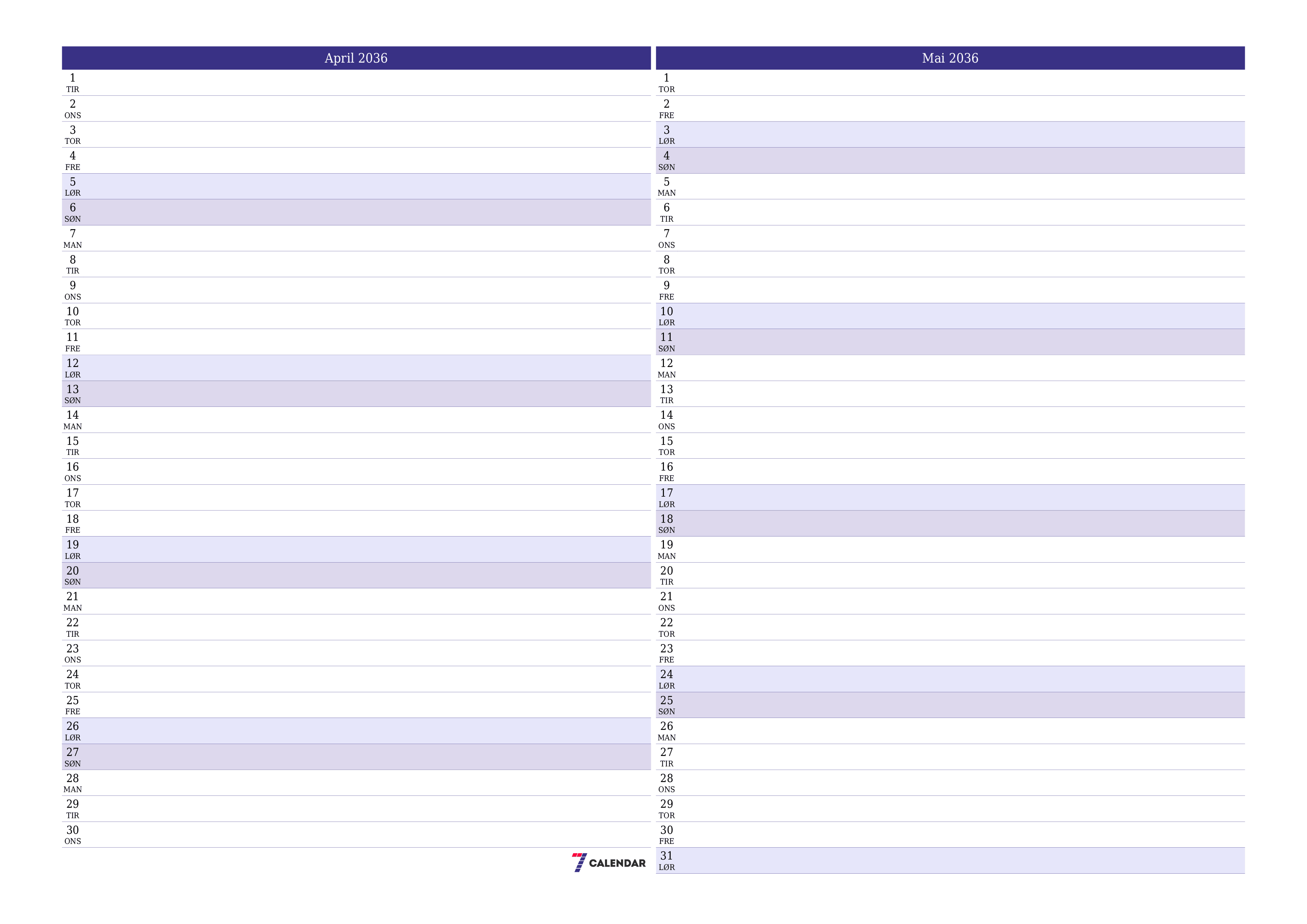 Tom månedlig planlegger for måned April 2036 med notater, lagre og skriv ut til PDF PNG Norwegian
