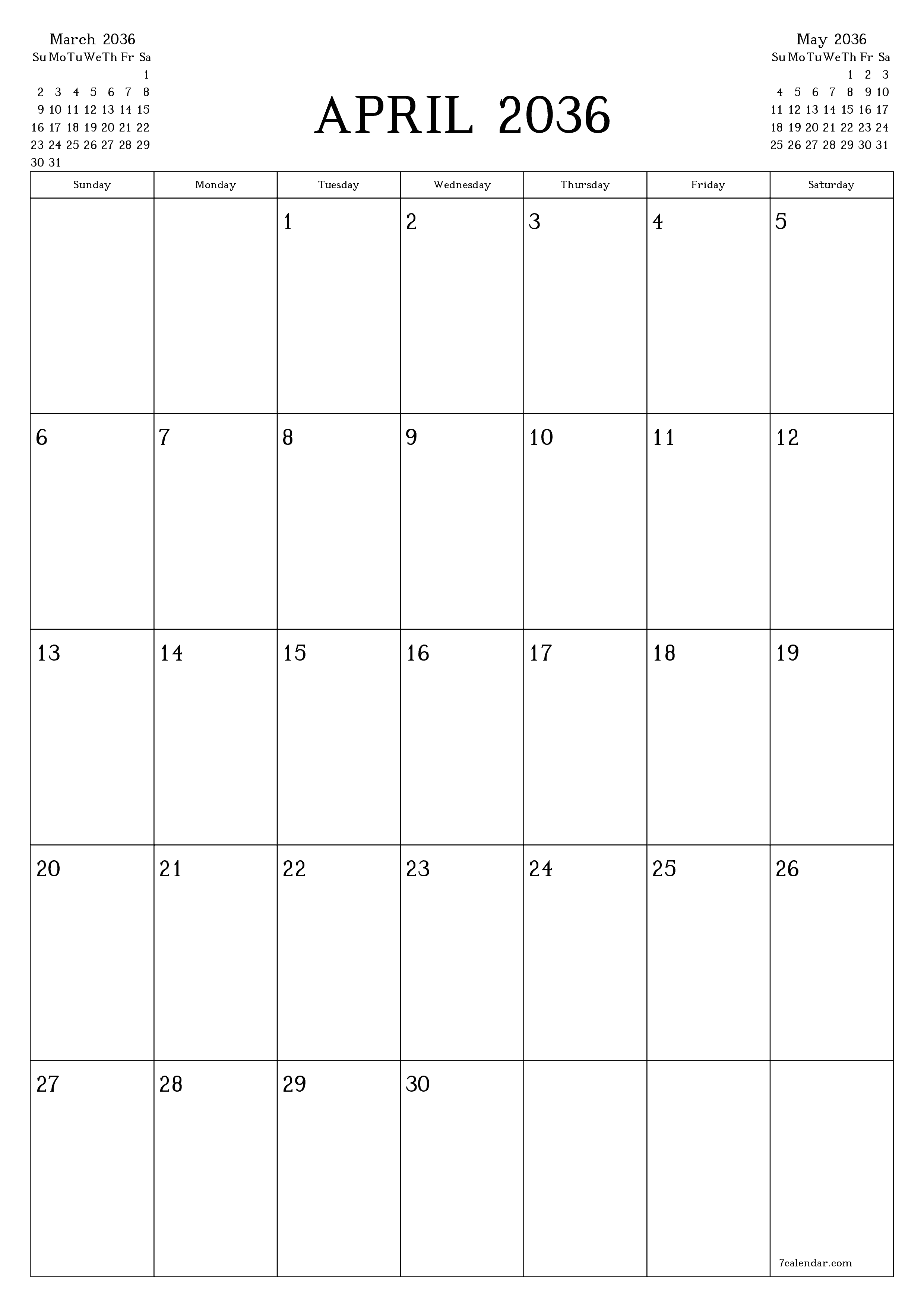 Blank calendar April 2036