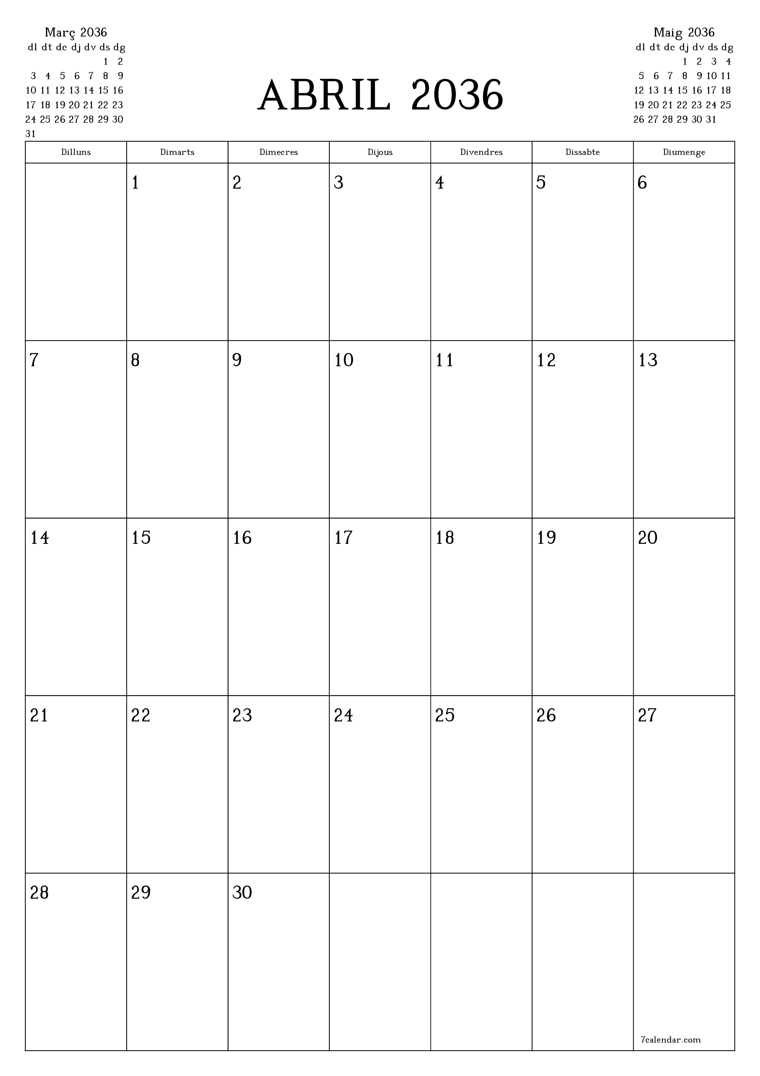  imprimible de paret plantilla de gratuïtvertical Mensual planificador calendari Abril (Abr) 2036