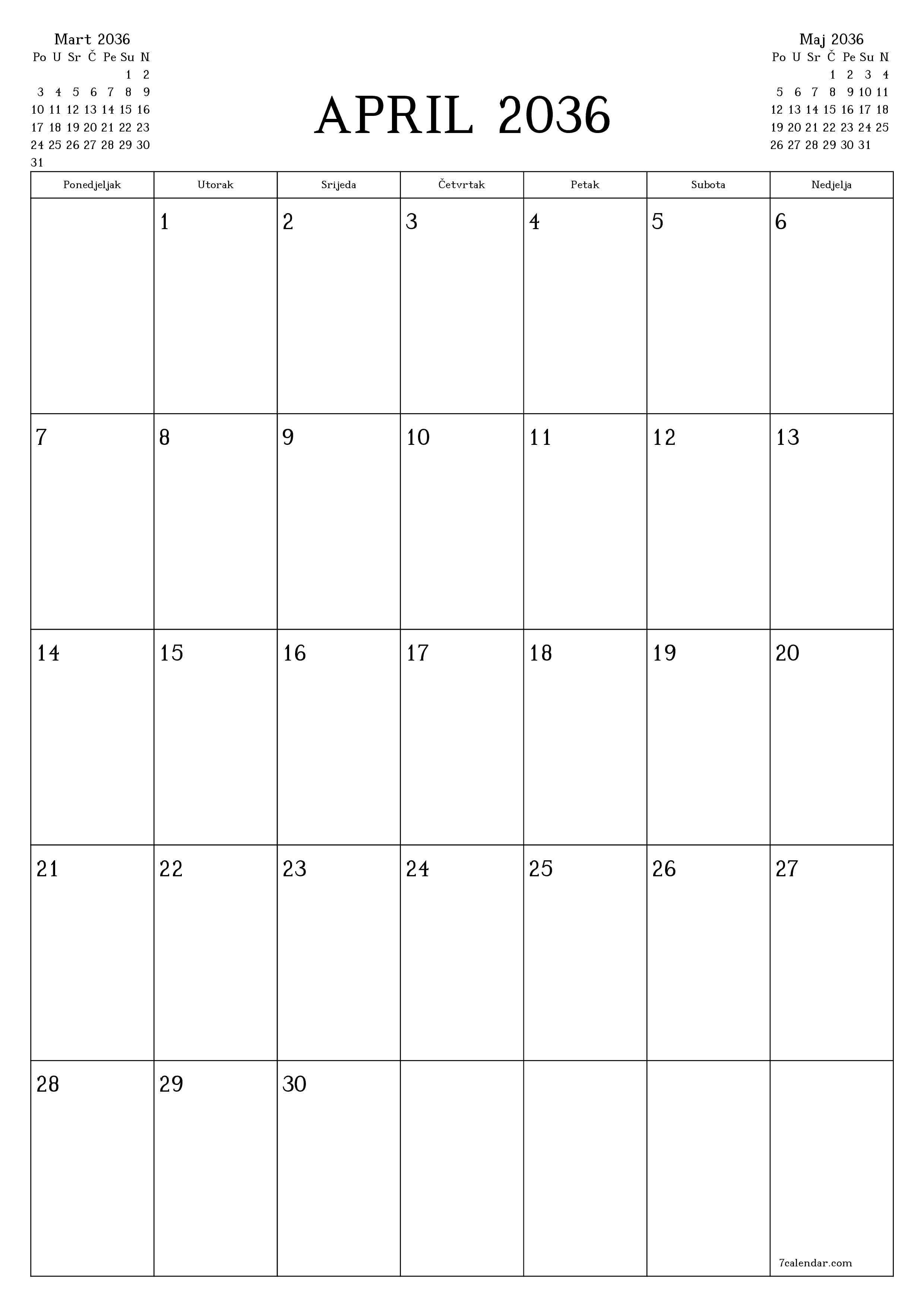  za štampanje zidni šablon a besplatni vertikalno Mjesečno planer kalendar April (Apr) 2036